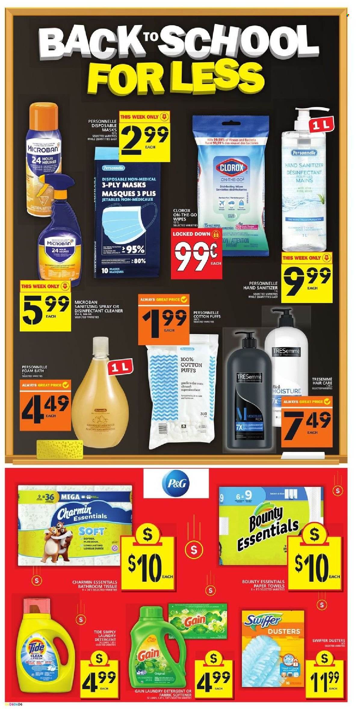 thumbnail - Food Basics Flyer - September 16, 2021 - September 22, 2021 - Sales products - puffs, Bounty, wipes, bath tissue, kitchen towels, paper towels, Charmin, Gain, cleaner, Clorox, Swiffer, Tide, fabric softener, laundry detergent, bath foam, TRESemmé, hand sanitizer, detergent, desinfection. Page 8.