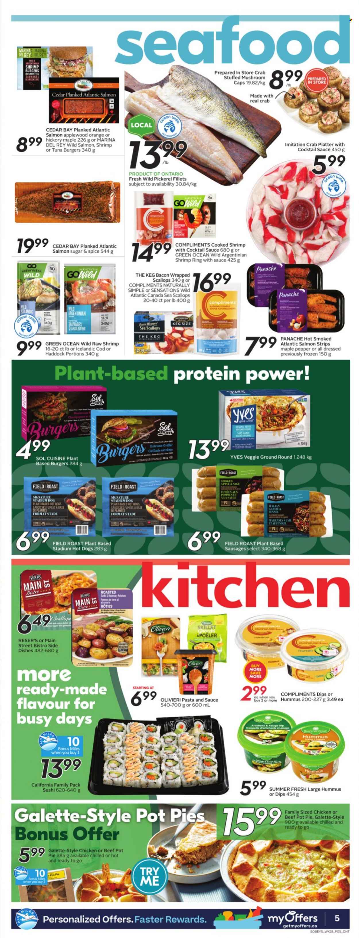 thumbnail - Sobeys Flyer - September 16, 2021 - September 22, 2021 - Sales products - pie, pot pie, artichoke, garlic, bacon wrapped scallops, cod, salmon, scallops, tuna, haddock, seafood, crab, shrimps, walleye, hot dog, hamburger, pasta, bacon, sausage, hummus, asiago, dip, strips, sugar, fennel, pepper, spice, cocktail sauce, Sol, oranges. Page 6.