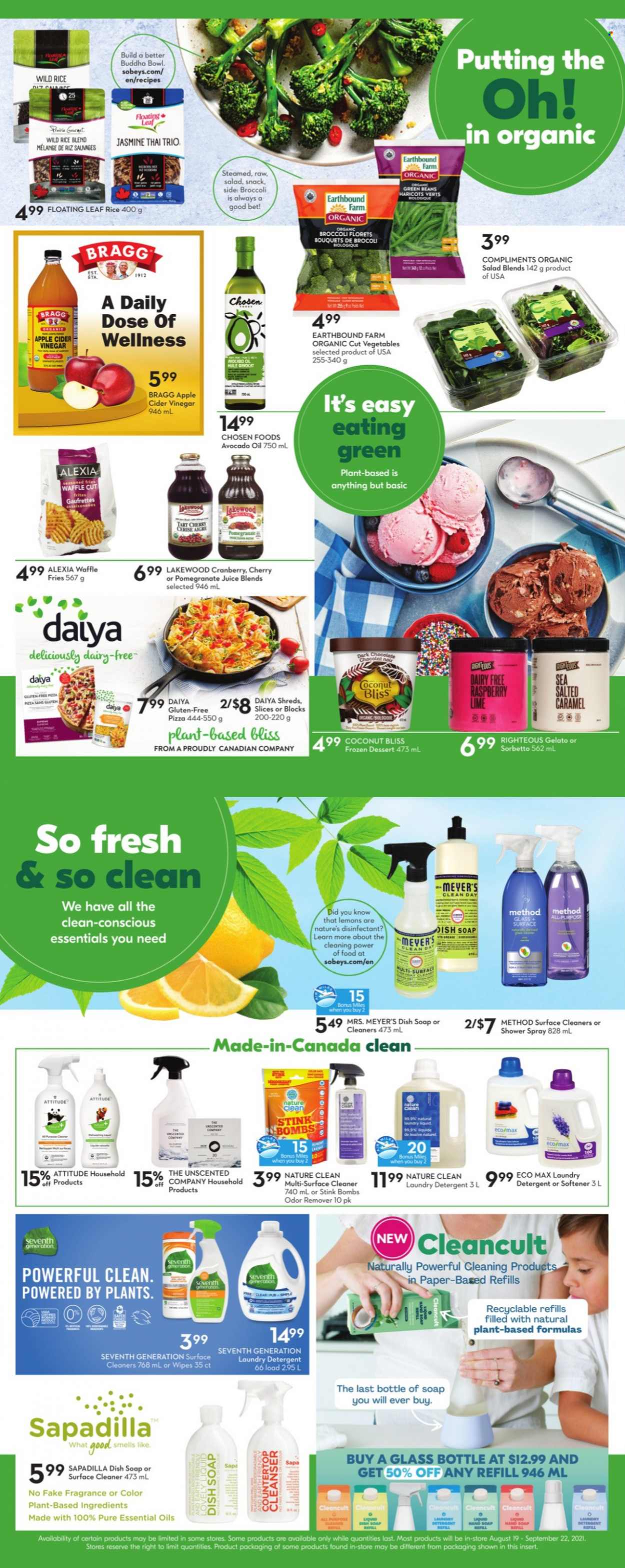 thumbnail - Sobeys Flyer - September 16, 2021 - September 22, 2021 - Sales products - green beans, lemons, pizza, gelato, potato fries, chocolate, snack, rice, apple cider vinegar, avocado oil, vinegar, oil, juice, wipes, surface cleaner, cleaner, all purpose cleaner, fabric softener, laundry detergent, hand soap, soap, cleanser, fragrance, bowl, detergent, desinfection. Page 16.