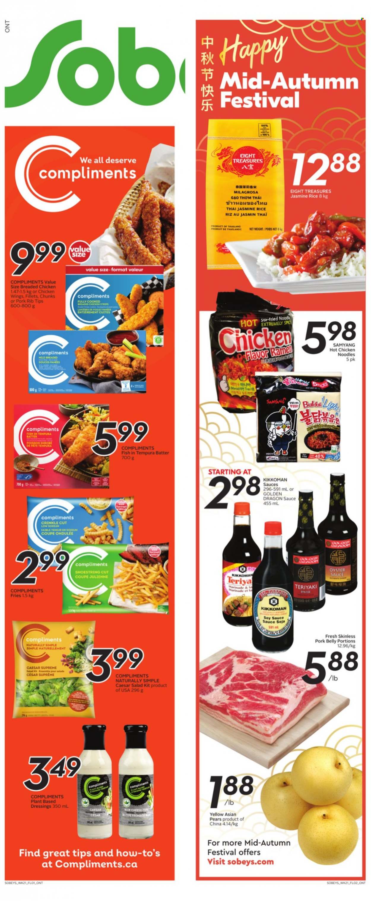 thumbnail - Sobeys Flyer - September 16, 2021 - September 22, 2021 - Sales products - pears, oysters, fish, ramen, fried chicken, noodles, cheese, chicken wings, potato fries, rice, jasmine rice, soy sauce, oyster sauce, Kikkoman, marinade, Dragon Sauce, pork belly, pork meat. Page 17.