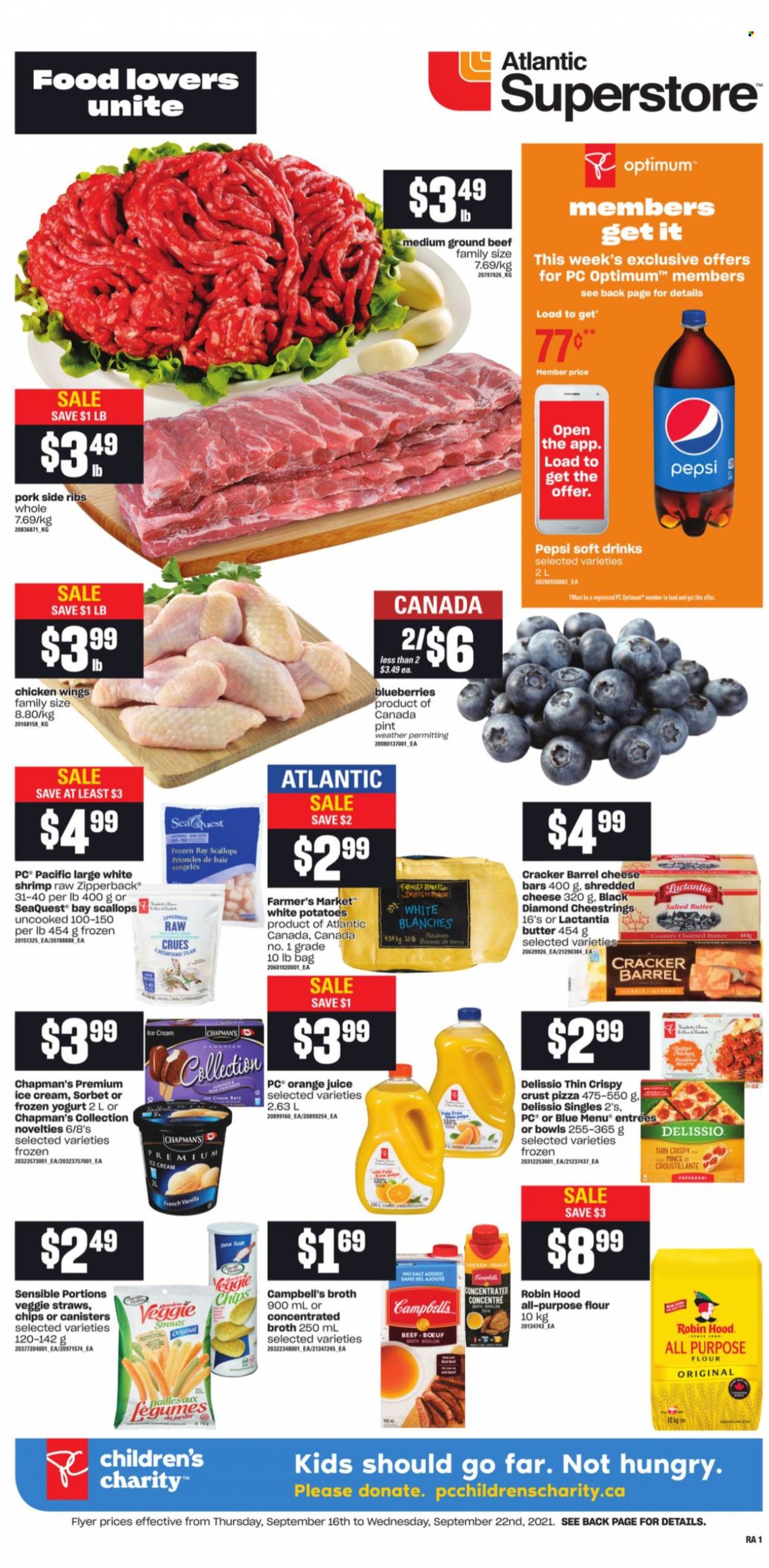 thumbnail - Circulaire Atlantic Superstore - 16 Septembre 2021 - 22 Septembre 2021 - Produits soldés - poulet, beurre, sorbet, chips, Pepsi. Page 1.