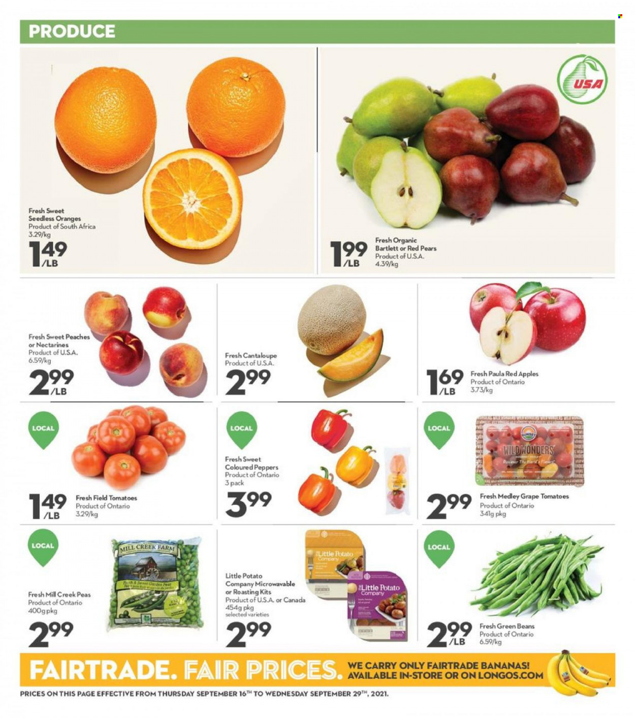 thumbnail - Longo's Flyer - September 16, 2021 - September 29, 2021 - Sales products - beans, cantaloupe, green beans, tomatoes, peas, peppers, apples, bananas, nectarines, pears, peaches, oranges. Page 4.