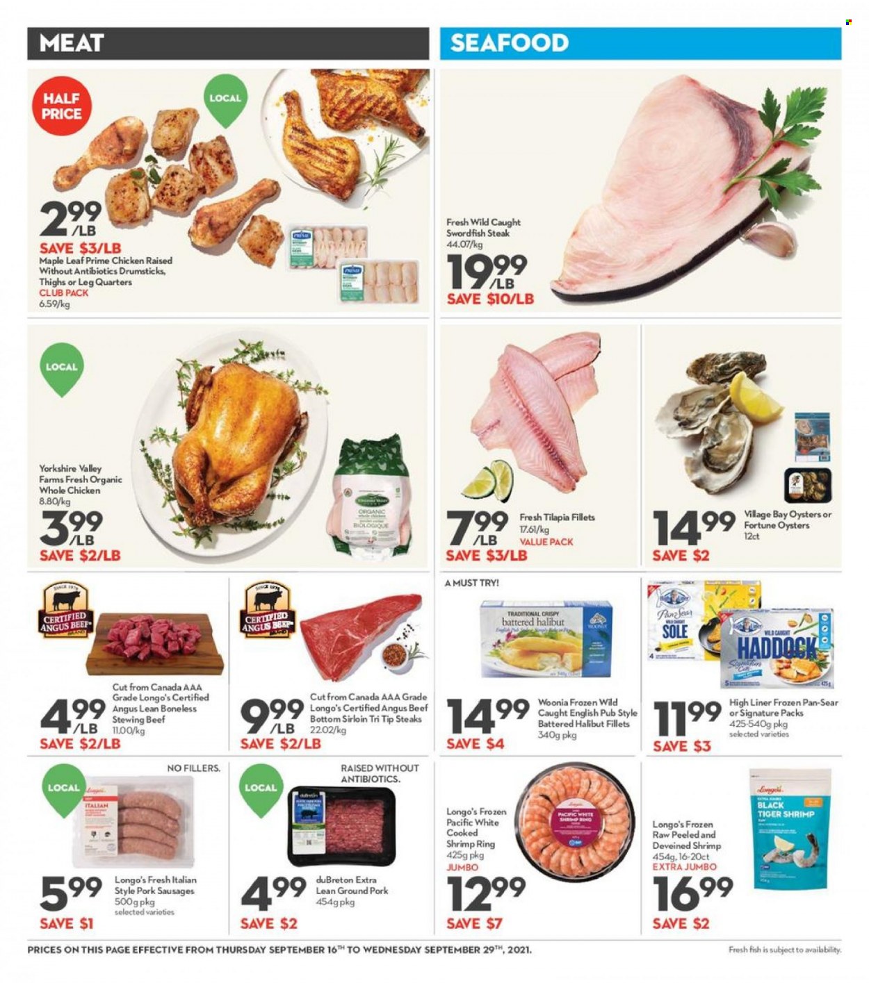 thumbnail - Longo's Flyer - September 16, 2021 - September 29, 2021 - Sales products - swordfish, tilapia, haddock, halibut, oysters, seafood, fish, shrimps, sausage, whole chicken, chicken, beef meat, stewing beef, ground pork, steak. Page 5.