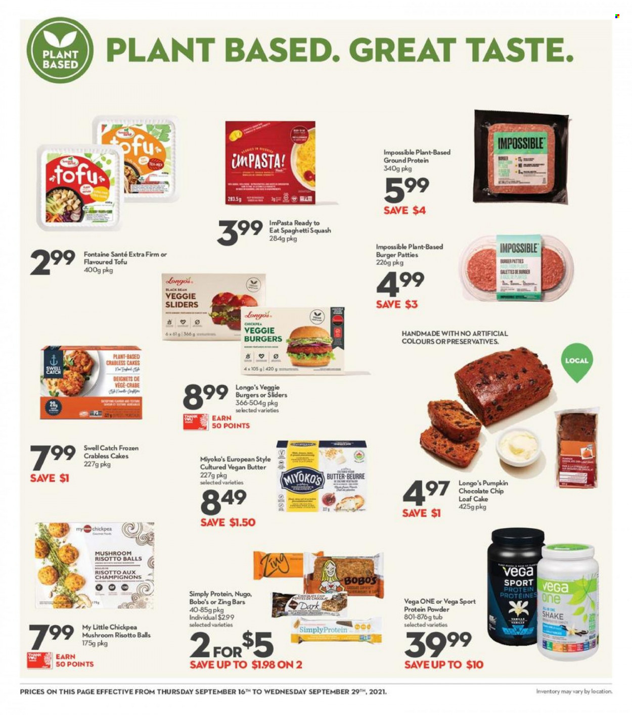 thumbnail - Longo's Flyer - September 16, 2021 - September 29, 2021 - Sales products - mushrooms, cake, loaf cake, pumpkin, risotto, spaghetti, veggie burger, tofu, shake, butter, chocolate chips, burger patties, whey protein. Page 14.