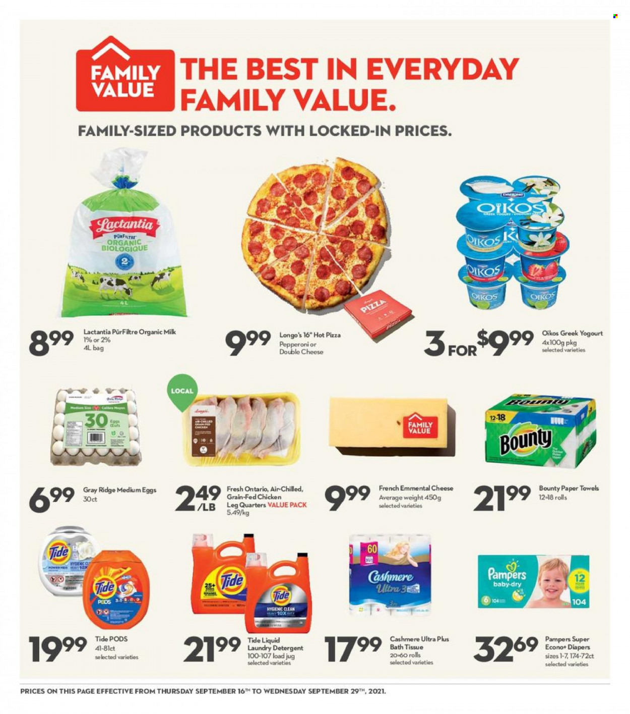 thumbnail - Longo's Flyer - September 16, 2021 - September 29, 2021 - Sales products - pizza, pepperoni, Oikos, organic milk, eggs, Bounty, nappies, bath tissue, kitchen towels, paper towels, Tide, laundry detergent, detergent, Pampers. Page 15.