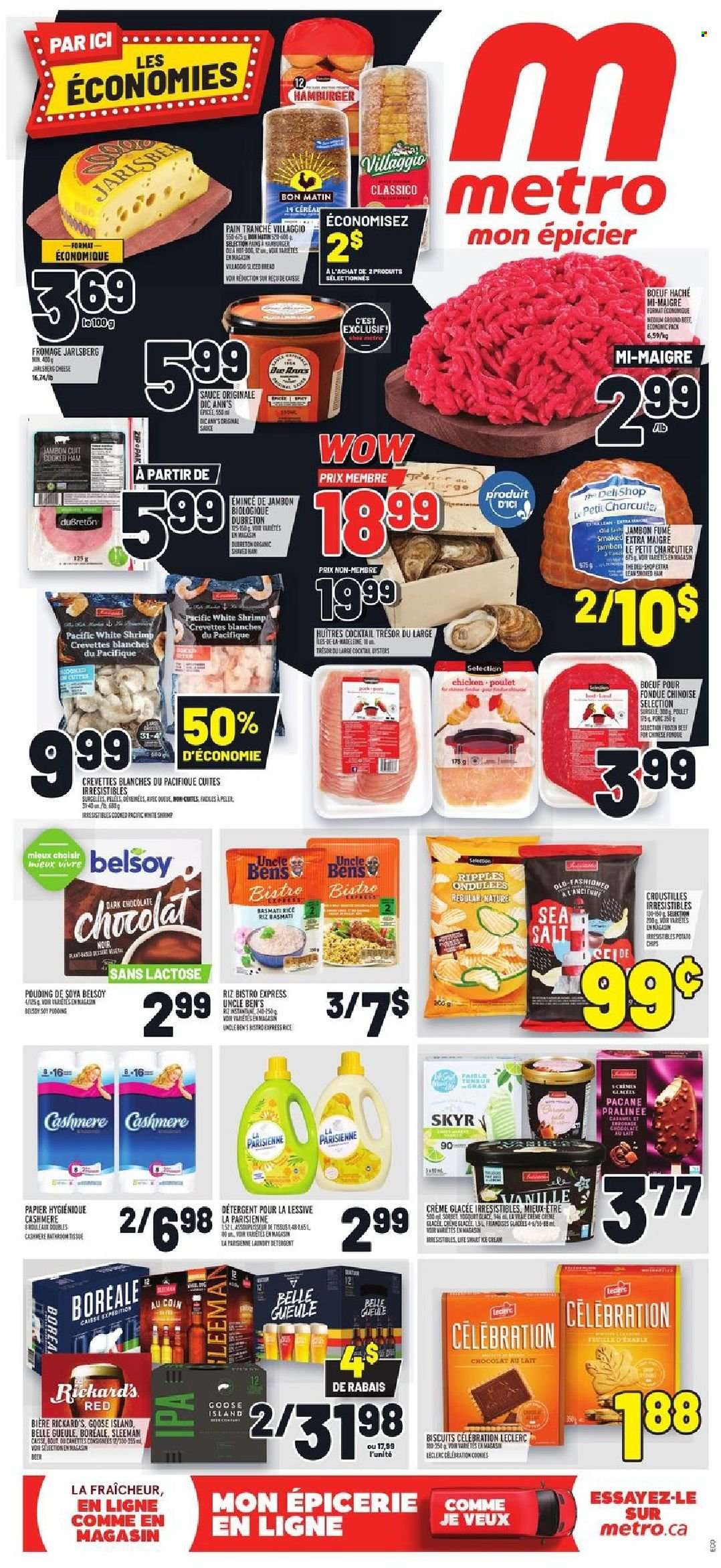 thumbnail - Metro Flyer - September 16, 2021 - September 22, 2021 - Sales products - bread, shrimps, hamburger, sauce, ham, smoked ham, cheese, chocolate, Celebration, biscuit, dark chocolate, Uncle Ben's, basmati rice, rice, Classico, beer, IPA, laundry detergent, detergent, chips. Page 1.