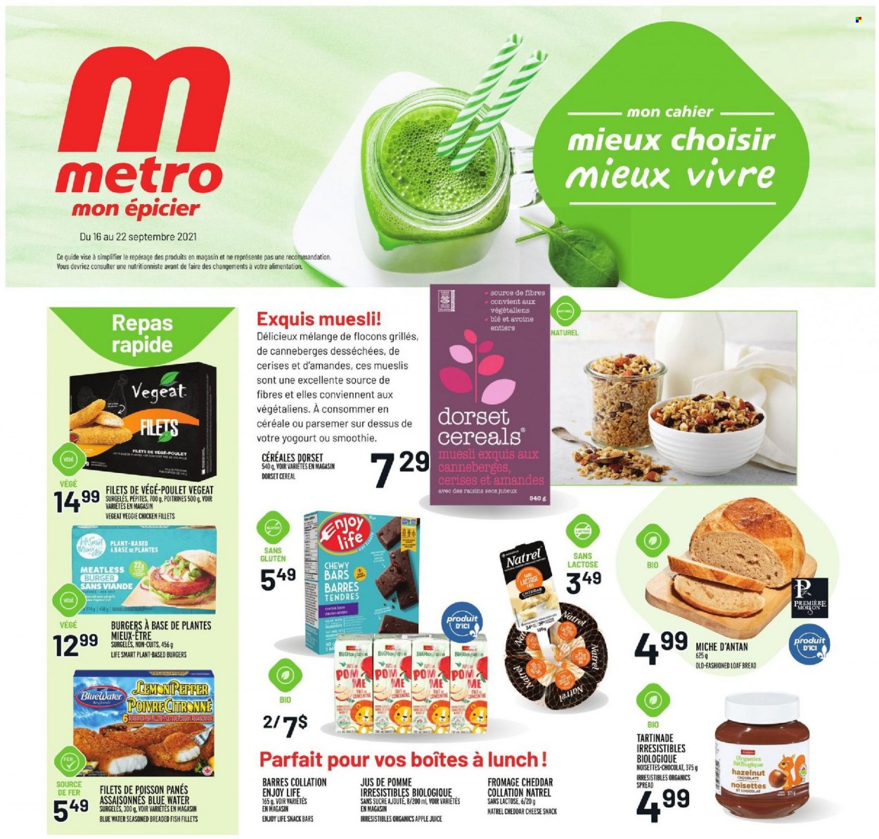 thumbnail - Metro Flyer - September 16, 2021 - September 22, 2021 - Sales products - bread, fish fillets, fish, hamburger, breaded fish, cheddar, cheese, chocolate, snack, snack bar, cocoa, cereals, muesli, dried fruit, apple juice, juice, smoothie, raisins. Page 1.