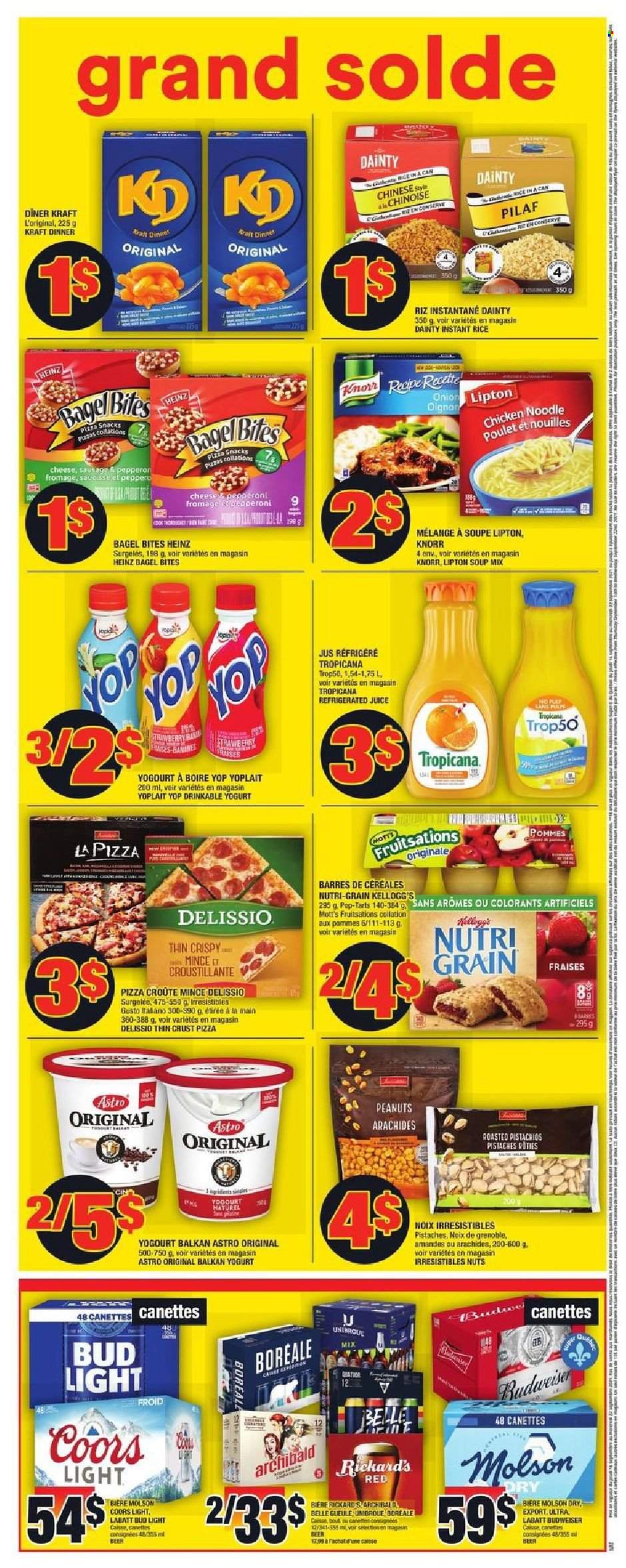 thumbnail - Super C Flyer - September 16, 2021 - September 22, 2021 - Sales products - bagels, Mott's, pizza, soup mix, soup, noodles, Kraft®, yoghurt, Yoplait, snack, Kellogg's, Pop-Tarts, Heinz, Nutri-Grain, peanuts, pistachios, juice, beer, Bud Light, Knorr, Budweiser, Lipton, Coors. Page 2.
