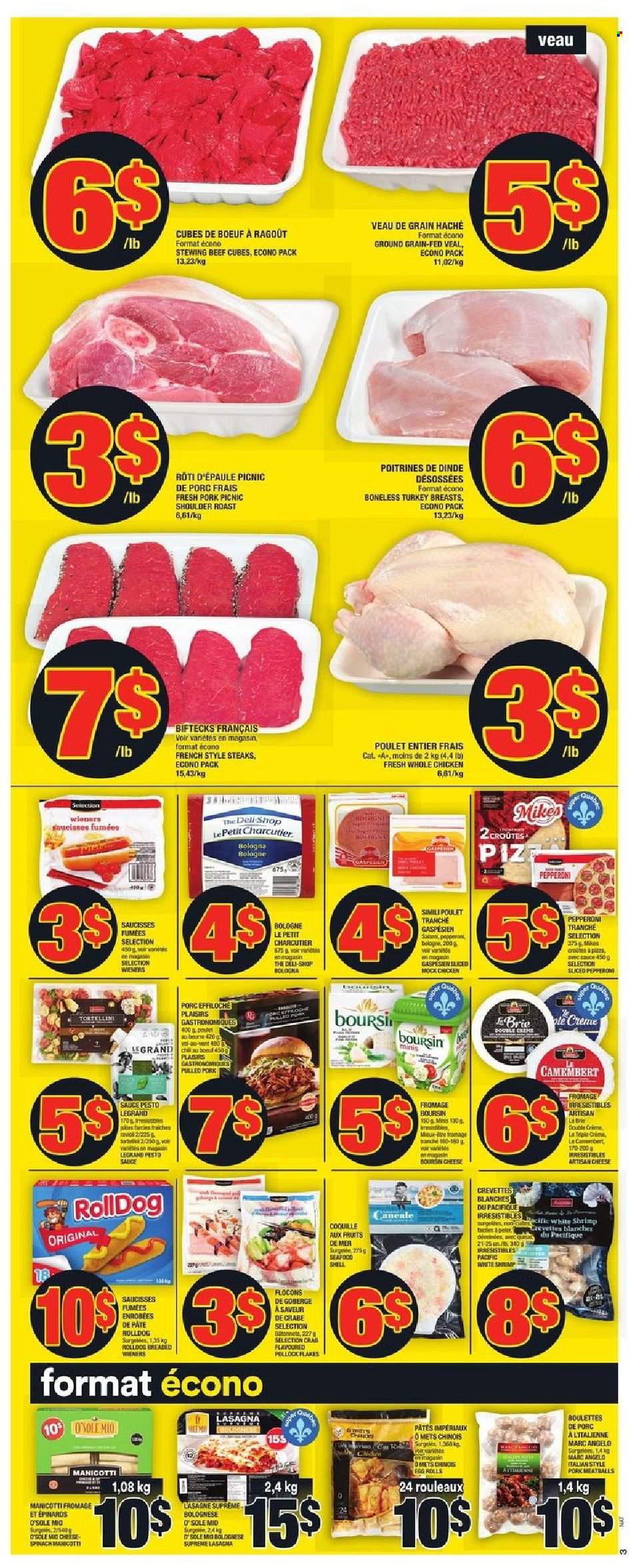 thumbnail - Super C Flyer - September 16, 2021 - September 22, 2021 - Sales products - spinach, pollock, seafood, crab, shrimps, sauce, tortellini, lasagna meal, salami, bologna sausage, pepperoni, cheese, turkey breast, whole chicken, chicken, turkey, beef meat, stewing beef, camembert, pesto, steak. Page 4.