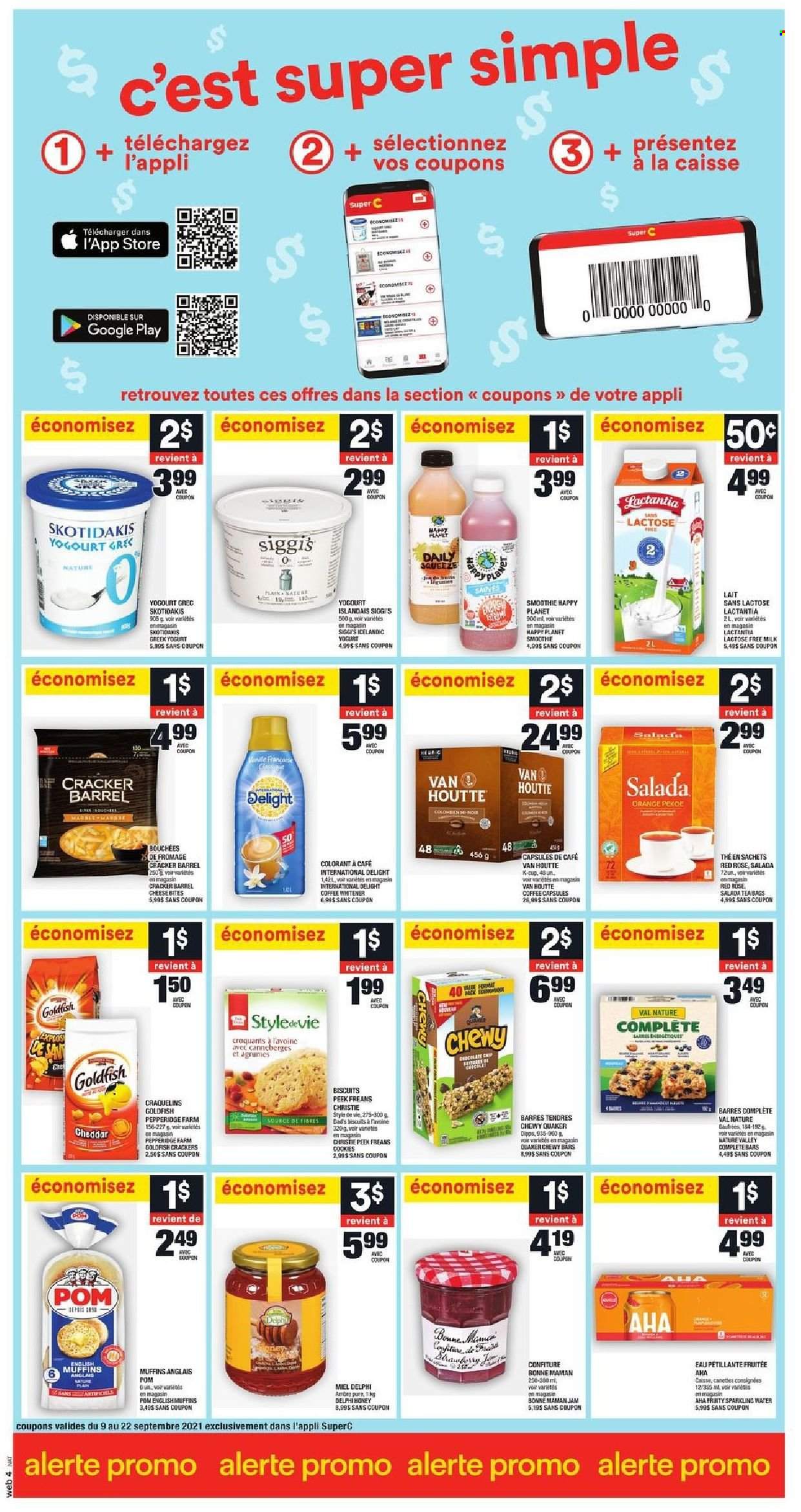 thumbnail - Super C Flyer - September 16, 2021 - September 22, 2021 - Sales products - english muffins, Quaker, cheese, greek yoghurt, yoghurt, milk, lactose free milk, crackers, biscuit, Goldfish, Nature Valley, honey, fruit jam, smoothie, sparkling water, tea bags, coffee, coffee capsules, K-Cups, wine, rosé wine, oranges. Page 12.
