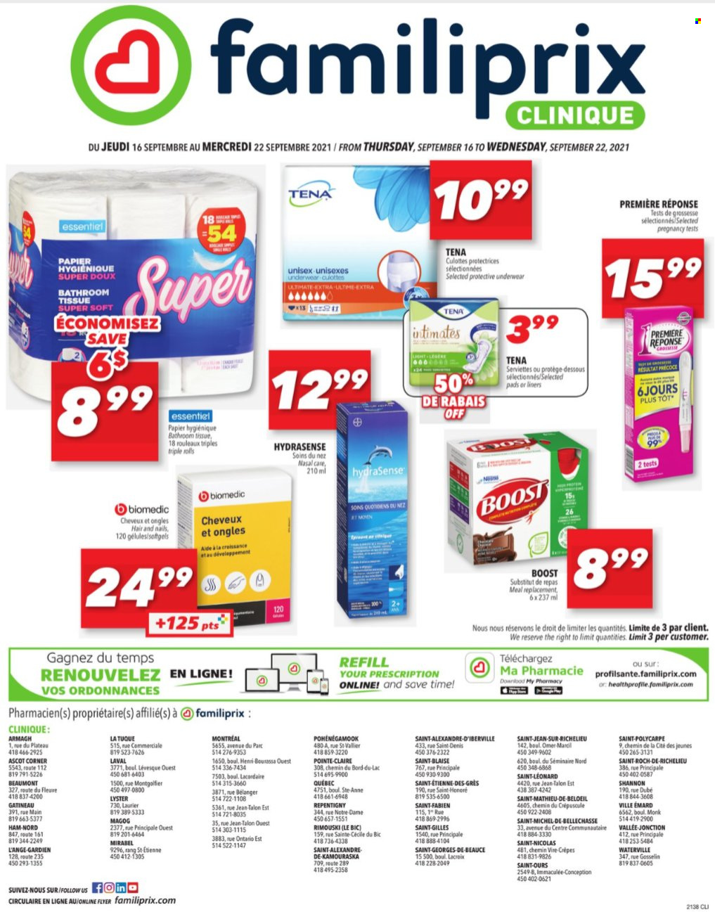 thumbnail - Familiprix Clinique Flyer - September 16, 2021 - September 22, 2021 - Sales products - Boost, bath tissue, sanitary pads, Clinique, BIC. Page 1.