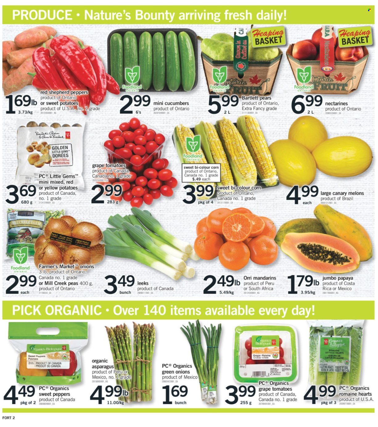 thumbnail - Fortinos Flyer - September 16, 2021 - September 22, 2021 - Sales products - asparagus, corn, cucumber, sweet peppers, sweet potato, tomatoes, potatoes, peas, lettuce, peppers, green onion, Bartlett pears, mandarines, nectarines, papaya, pears, melons, dried fruit, Nature's Bounty, basket, raisins. Page 2.