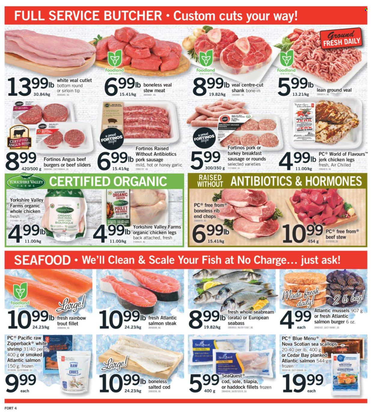 thumbnail - Fortinos Flyer - September 16, 2021 - September 22, 2021 - Sales products - stew meat, scale, garlic, cod, mussels, salmon, scallops, sea bass, tilapia, trout, haddock, seafood, fish, seabream, shrimps, hamburger, beef burger, sausage, pork sausage, whole chicken, chicken legs, chicken, beef meat, ground veal, veal cutlet, veal meat, steak. Page 4.