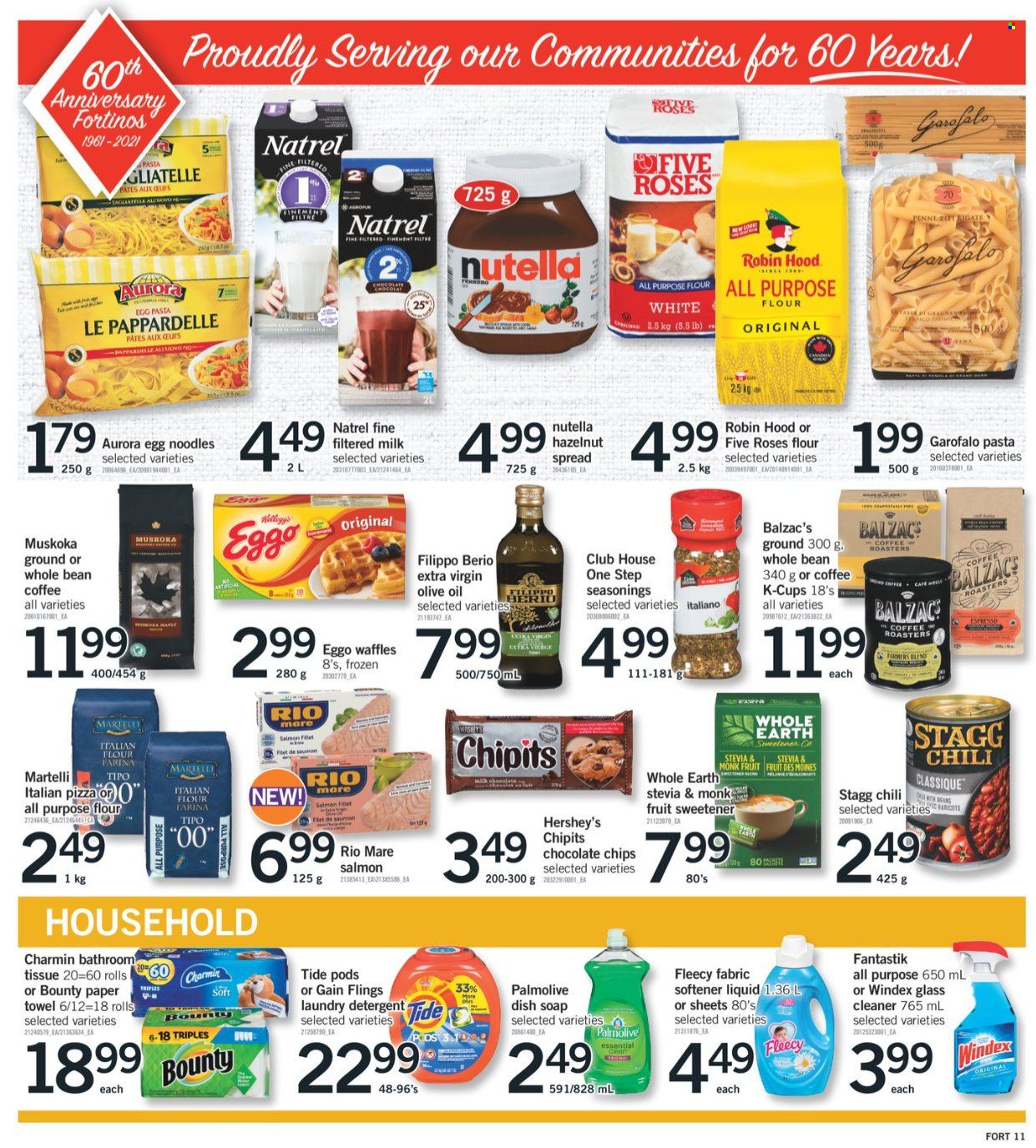 thumbnail - Fortinos Flyer - September 16, 2021 - September 22, 2021 - Sales products - waffles, salmon, pizza, pasta, noodles, milk, Hershey's, Bounty, all purpose flour, flour, stevia, sweetener, egg noodles, penne, extra virgin olive oil, olive oil, oil, hazelnut spread, coffee, coffee capsules, K-Cups, bath tissue, paper towels, Charmin, Gain, Windex, cleaner, glass cleaner, Tide, fabric softener, laundry detergent, Palmolive, soap, detergent, Nutella. Page 12.