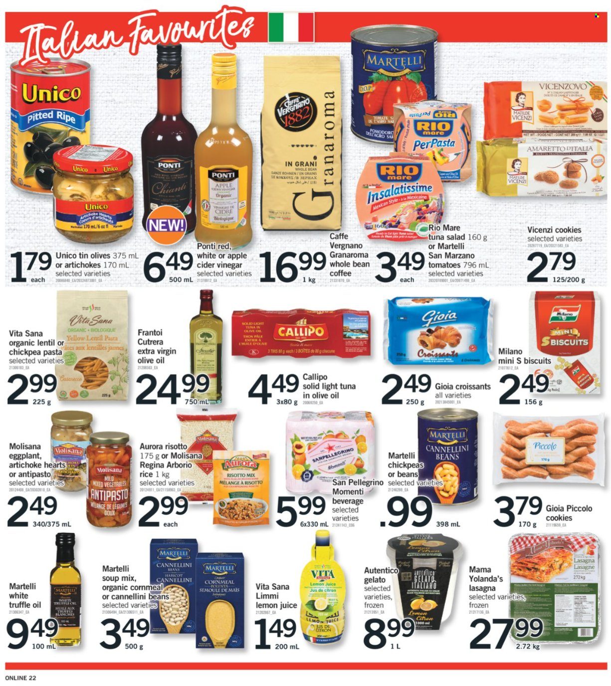 thumbnail - Fortinos Flyer - September 16, 2021 - September 22, 2021 - Sales products - croissant, artichoke, tomatoes, salad, eggplant, tuna, risotto, soup mix, soup, pasta, lasagna meal, tuna salad, gelato, cookies, biscuit, cannellini beans, light tuna, rice, chickpeas, apple cider vinegar, extra virgin olive oil, vinegar, San Pellegrino, lemon juice, coffee, Amaretto, olives. Page 14.