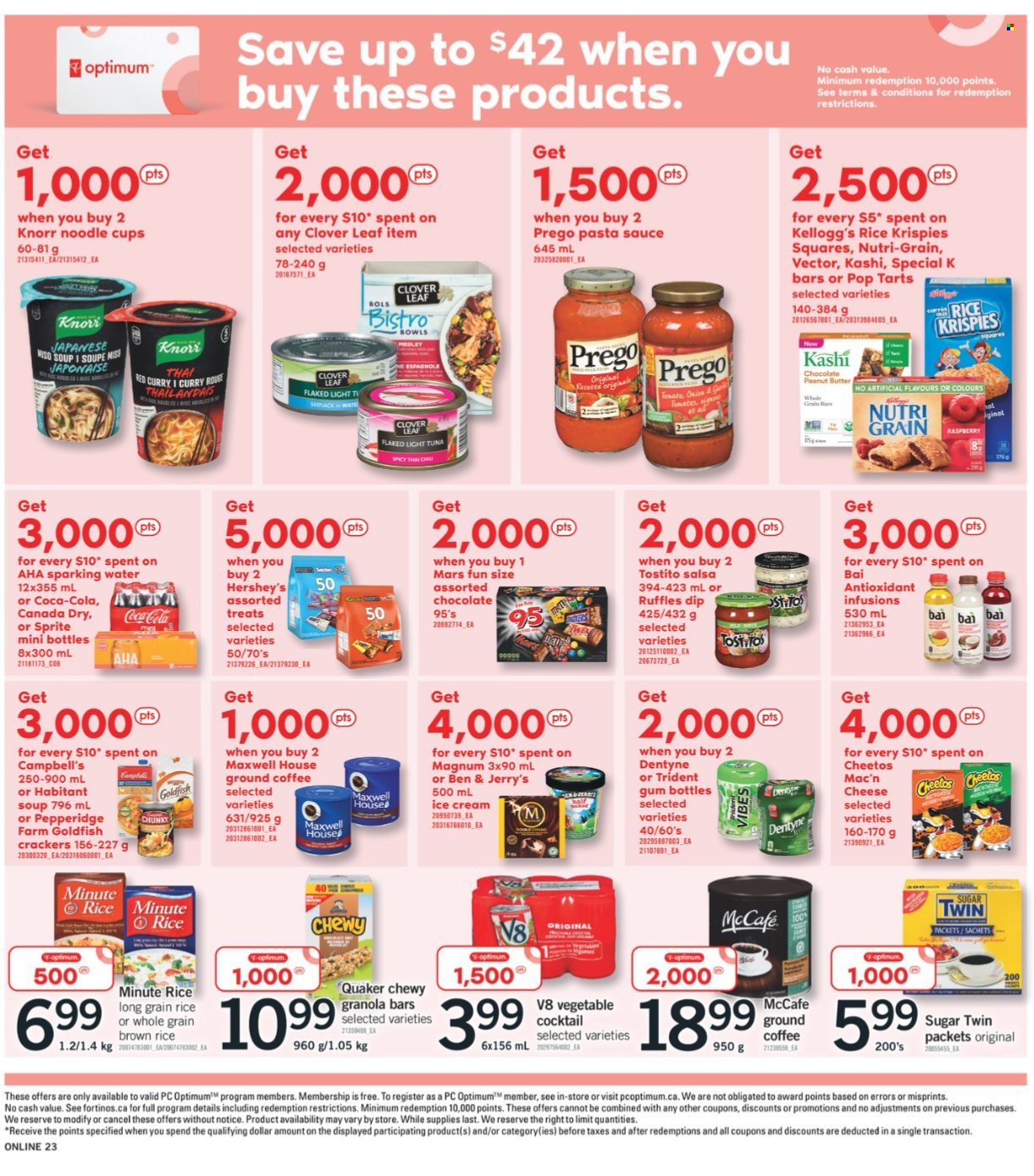 thumbnail - Fortinos Flyer - September 16, 2021 - September 22, 2021 - Sales products - tuna, Campbell's, pasta sauce, soup, sauce, Quaker, noodles, red curry, cheese, Clover, dip, Magnum, ice cream, Hershey's, Ben & Jerry's, Mars, crackers, Kellogg's, Trident, Pop-Tarts, Cheetos, Goldfish, Ruffles, sugar, light tuna, granola bar, Rice Krispies, Nutri-Grain, brown rice, long grain rice, miso, salsa, peanut butter, Canada Dry, Coca-Cola, Sprite, Bai, Maxwell House, coffee, ground coffee, McCafe, cup, Optimum, Knorr. Page 15.