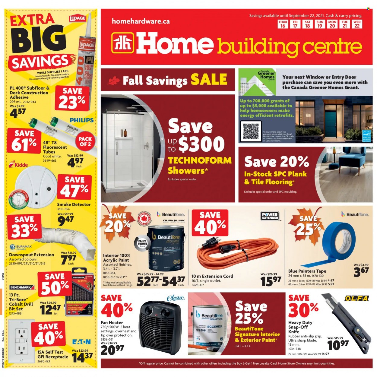 thumbnail - Home Building Centre Flyer - September 16, 2021 - September 22, 2021 - Sales products - Philips, adhesive, paint, heater, fan heater, flooring, drill bit set, extension cord. Page 1.