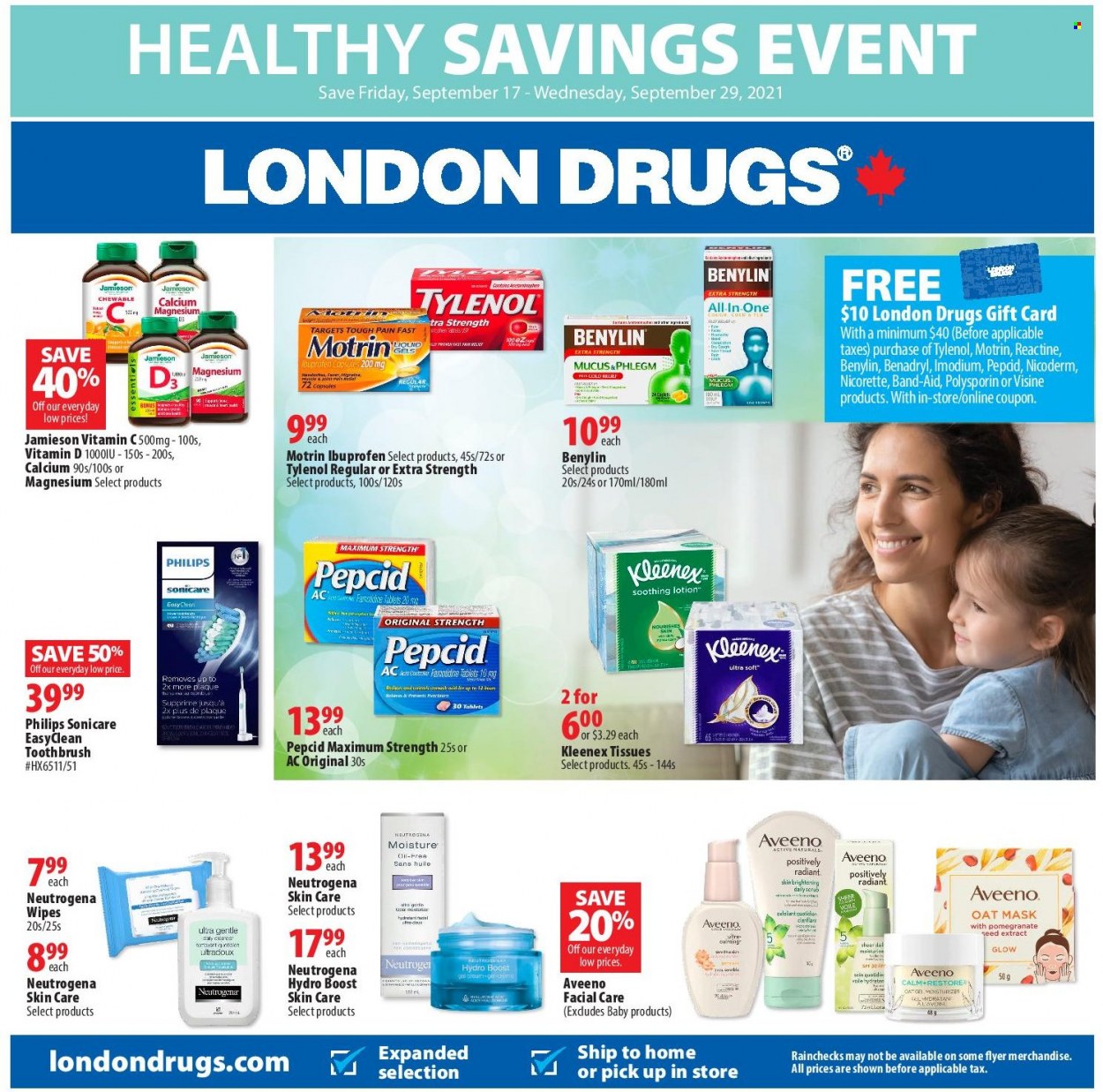thumbnail - Circulaire London Drugs - 17 Septembre 2021 - 29 Septembre 2021 - Produits soldés - Philips, huile, Imodium, Neutrogena, Sonicare. Page 1.