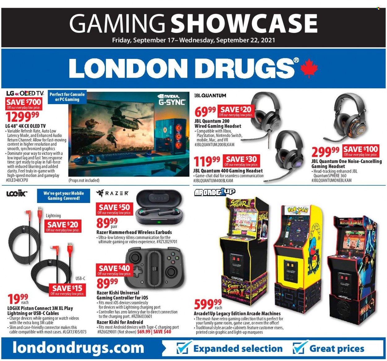 thumbnail - London Drugs Flyer - September 17, 2021 - September 22, 2021 - Sales products - gaming headset, Nintendo Switch, TRULY, Dial, PlayStation, TV, headset, earbuds, LG, Razer, JBL, Xbox. Page 1.