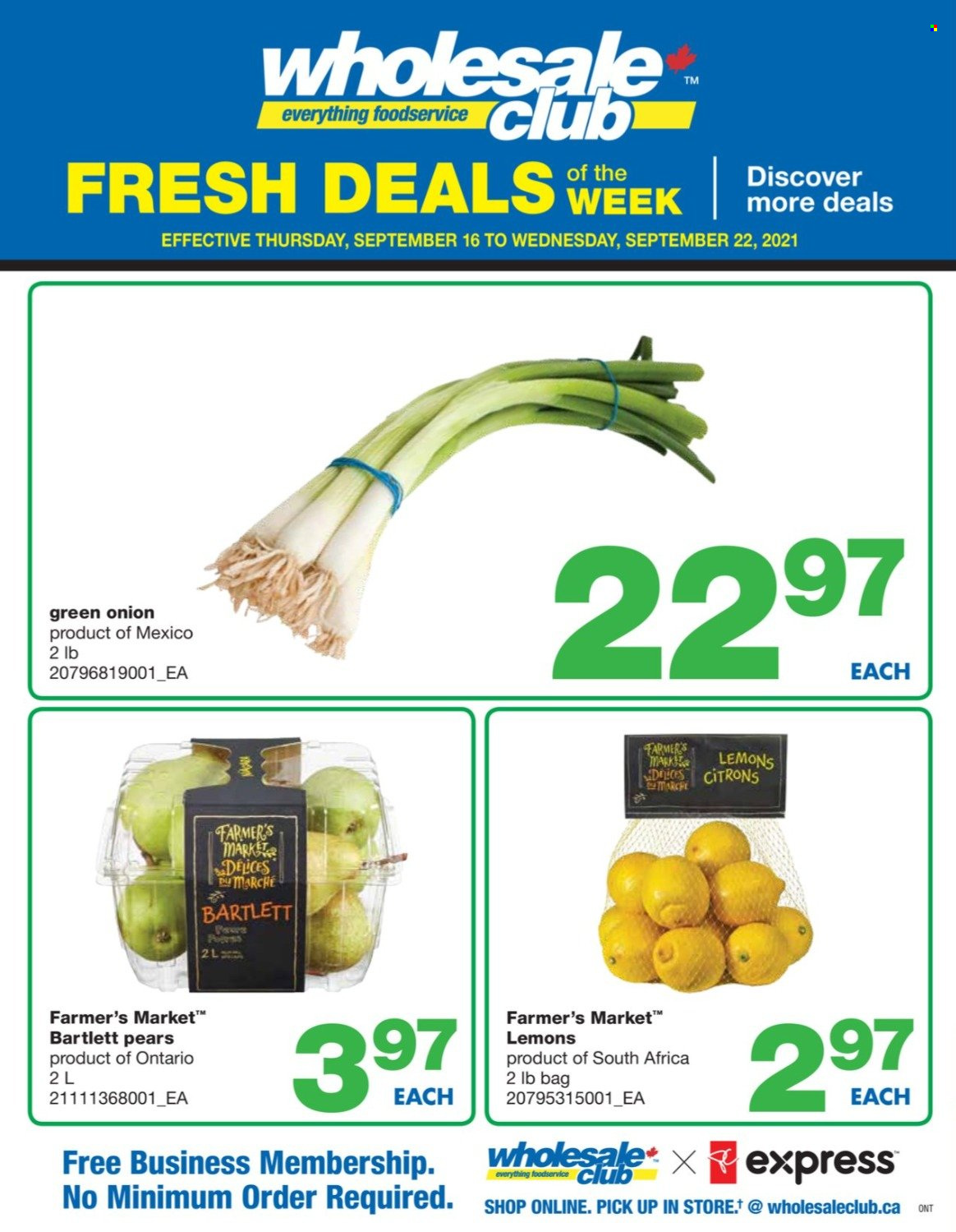 thumbnail - Wholesale Club Flyer - September 16, 2021 - September 22, 2021 - Sales products - onion, green onion, Bartlett pears, pears, lemons. Page 1.