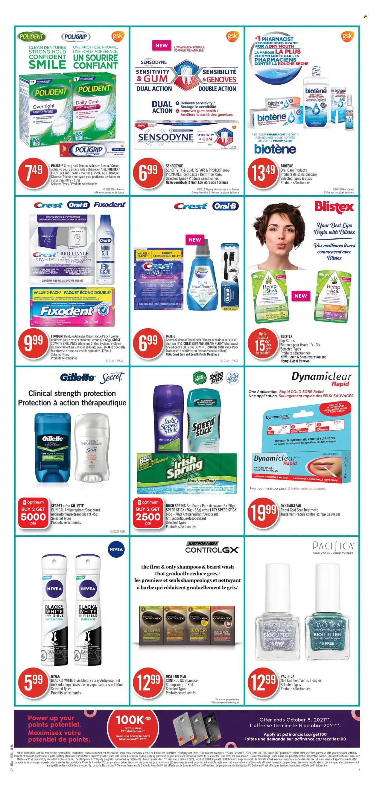 thumbnail - Shoppers Drug Mart Flyer - September 18, 2021 - September 24, 2021 - Sales products - soap bar, soap, Biotene, toothbrush, toothpaste, mouthwash, Fixodent, Polident, Crest, cleanser, anti-perspirant, Eclat, Speed Stick, nail enamel, polish, Gillette, shampoo, Nivea, Oral-B, Sensodyne, deodorant. Page 9.
