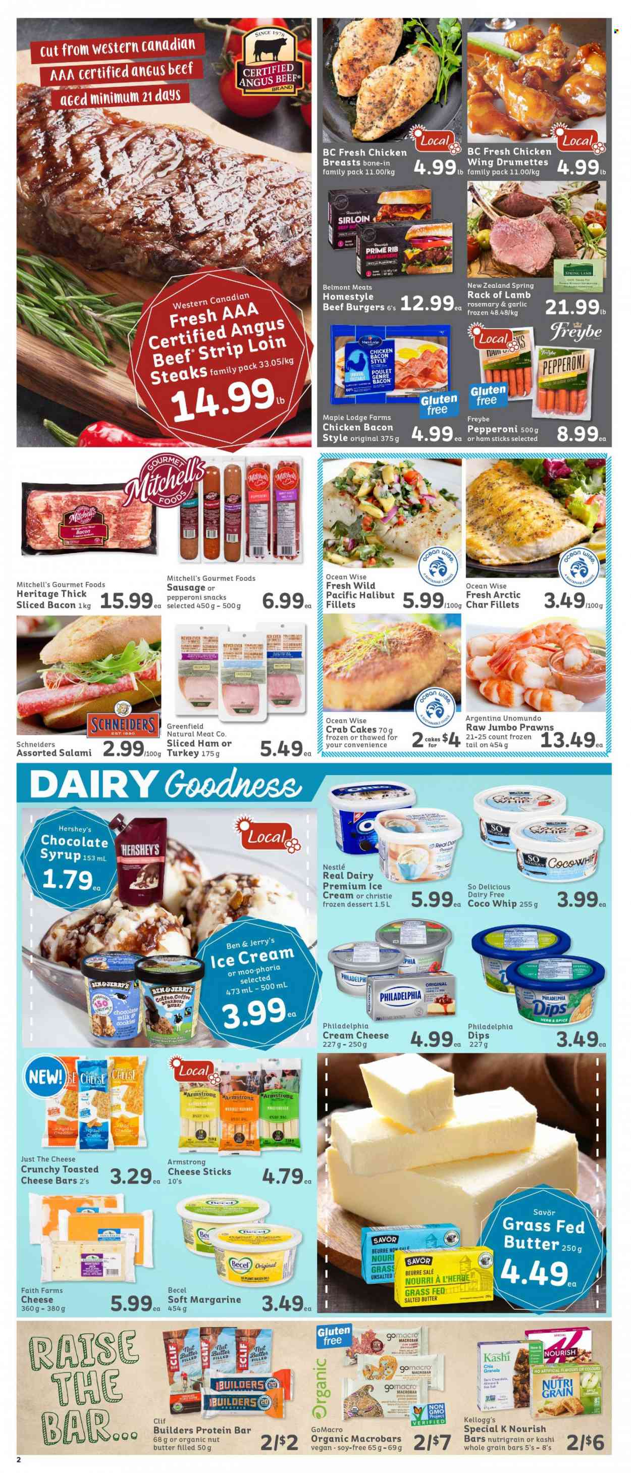 thumbnail - IGA Simple Goodness Flyer - September 17, 2021 - September 23, 2021 - Sales products - halibut, prawns, crab cake, hamburger, beef burger, bacon, salami, sausage, pepperoni, cream cheese, mild cheddar, cheddar, cheese, milk, margarine, salted butter, ice cream, Hershey's, Ben & Jerry's, cheese sticks, cookies, milk chocolate, snack, Kellogg's, dark chocolate, protein bar, Nutri-Grain, rosemary, spice, cinnamon, peanut butter, syrup, nut butter, coffee, chicken breasts, beef meat, lamb meat, rack of lamb, Nestlé, granola, Philadelphia, steak. Page 3.