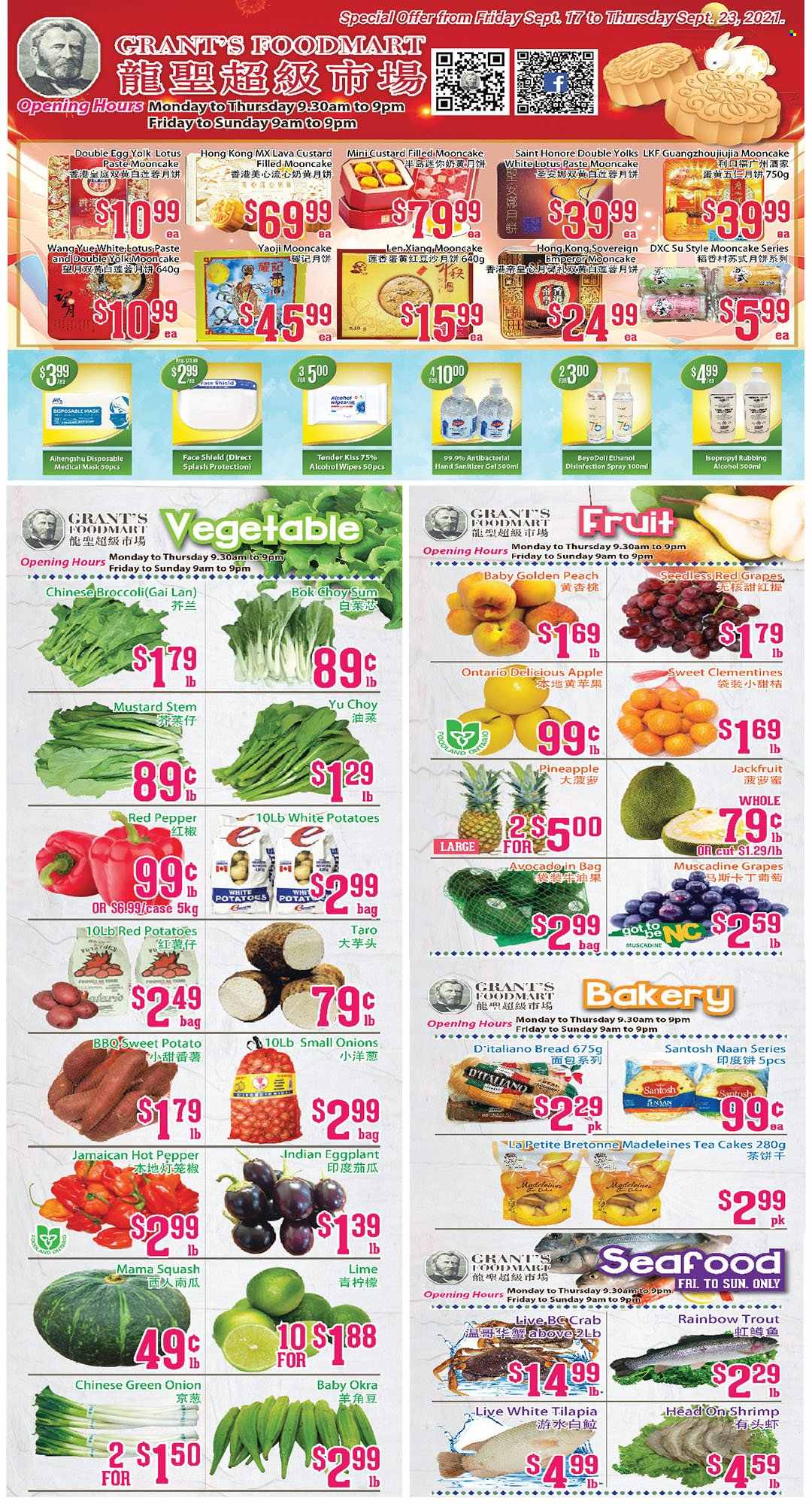 thumbnail - Grant's Foodmart Flyer - September 17, 2021 - September 23, 2021 - Sales products - bread, cake, bok choy, broccoli, sweet potato, potatoes, okra, onion, eggplant, green onion, red potatoes, avocado, clementines, grapes, pineapple, tilapia, trout, seafood, shrimps, custard, eggs, mustard, tea, Grant's, Lotus, hand sanitizer, disposable mask, chinese broccoli. Page 1.