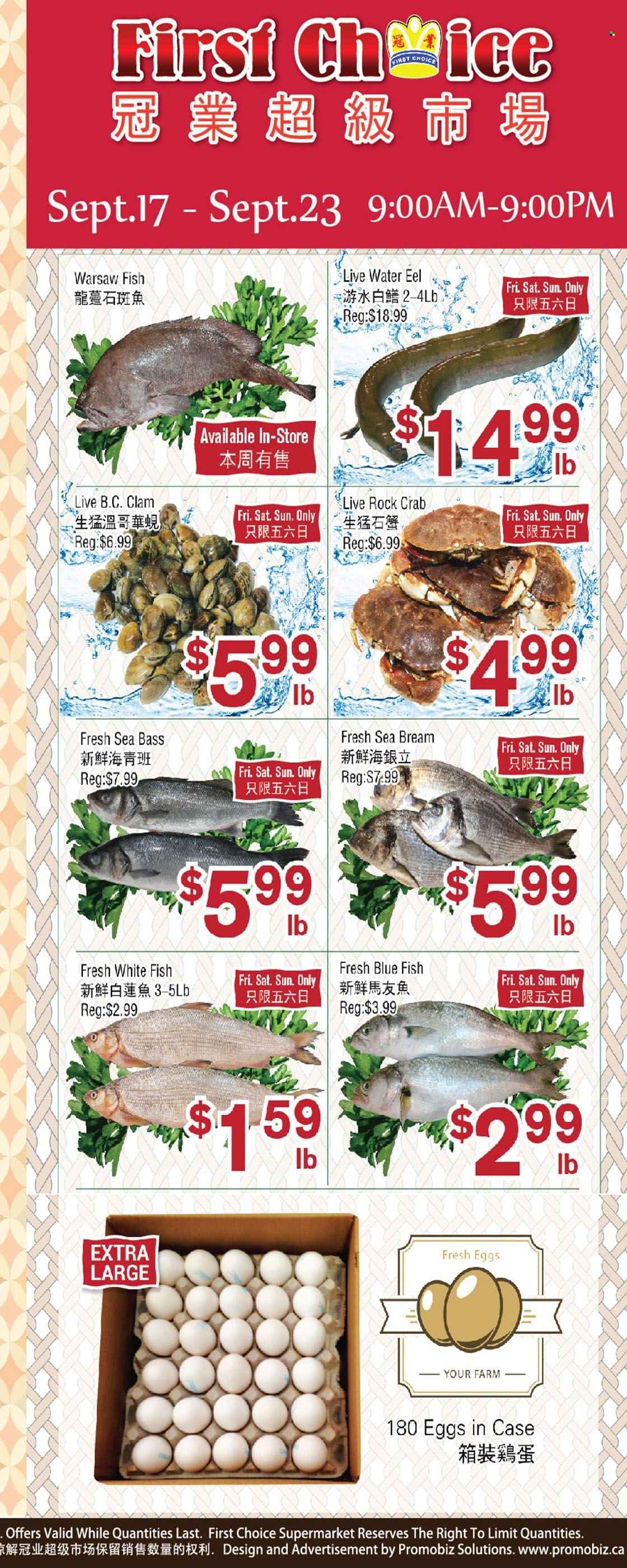 thumbnail - First Choice Supermarket Flyer - September 17, 2021 - September 23, 2021 - Sales products - clams, eel, sea bass, whitefish, crab, fish, seabream, eggs. Page 1.