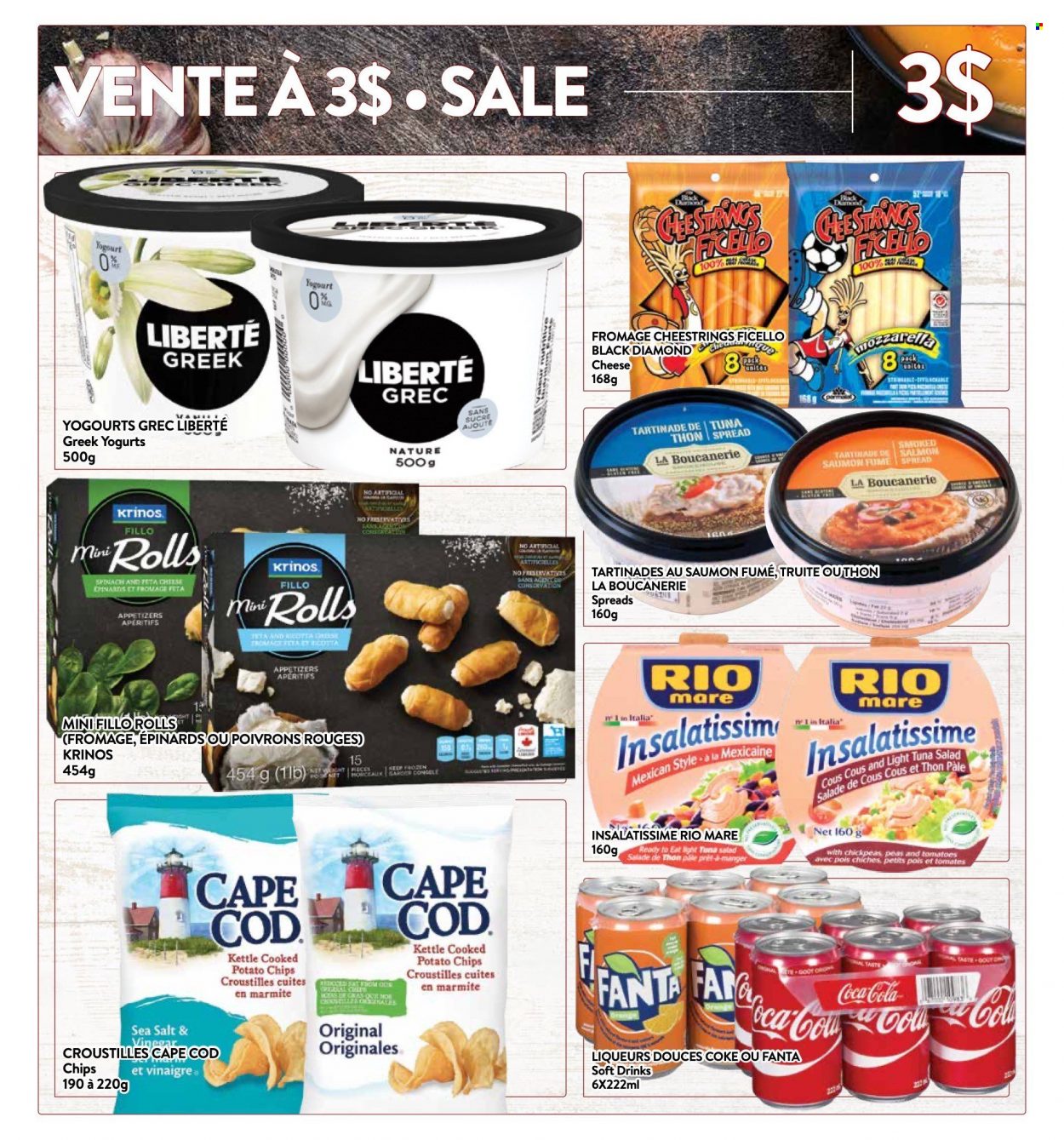 thumbnail - PA Supermarché Flyer - September 20, 2021 - September 26, 2021 - Sales products - salad, cod, salmon, tuna, tuna salad, string cheese, cheese, feta, potato chips, chickpeas, Coca-Cola, Fanta, soft drink, chips. Page 3.