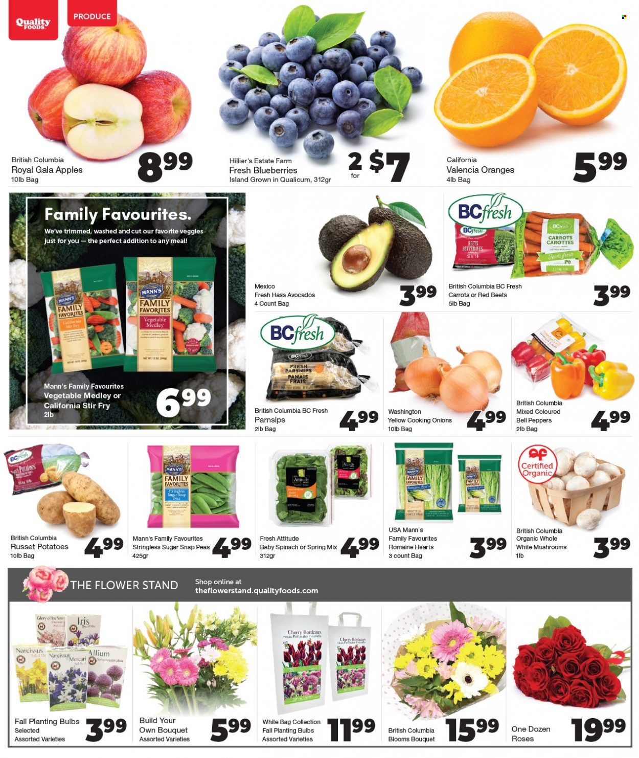 thumbnail - Quality Foods Flyer - September 20, 2021 - September 26, 2021 - Sales products - mushrooms, bell peppers, carrots, russet potatoes, potatoes, parsnips, peas, onion, peppers, apples, avocado, blueberries, Gala, cherries, snap peas, bulb, oranges. Page 2.