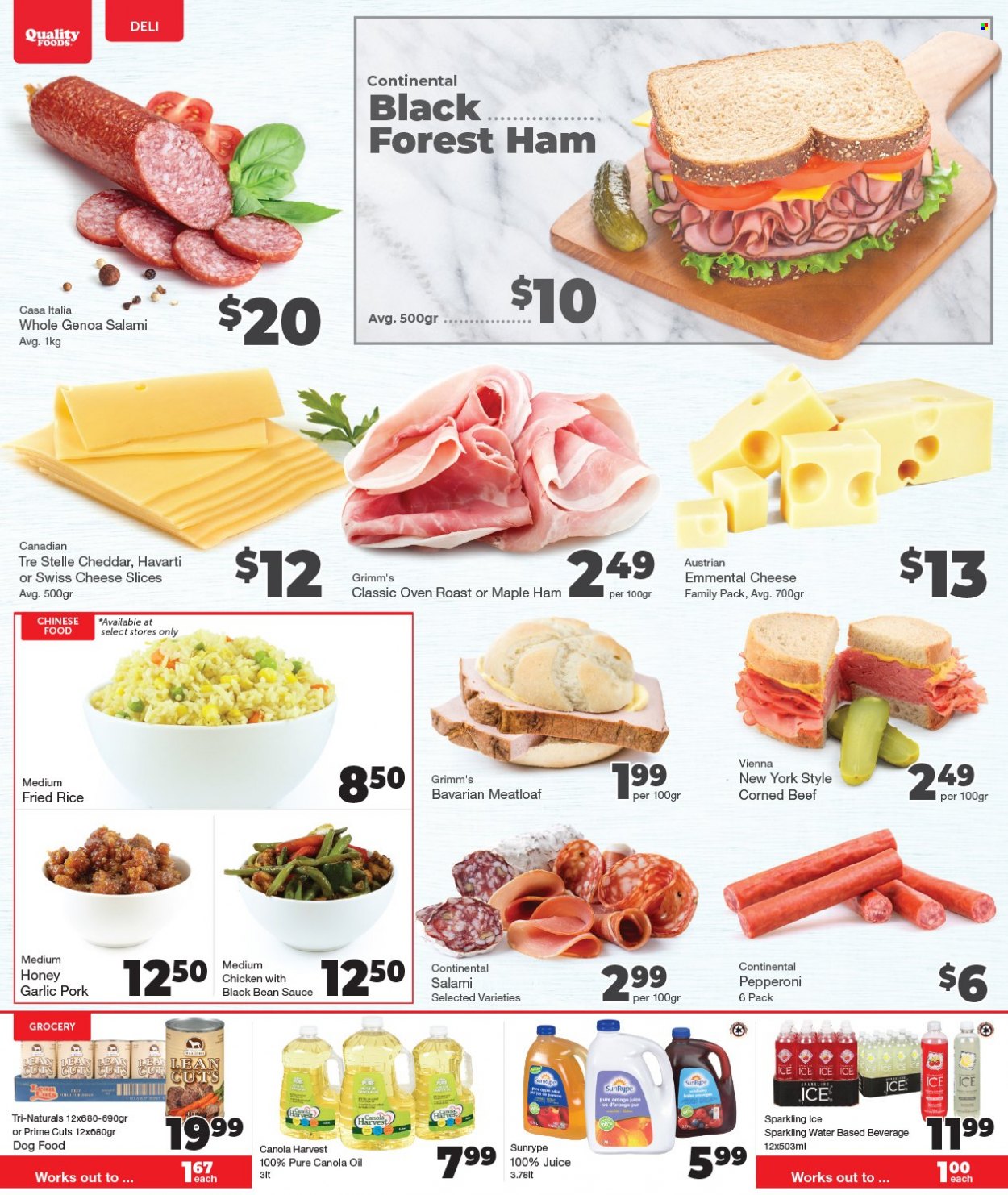 thumbnail - Quality Foods Flyer - September 20, 2021 - September 26, 2021 - Sales products - garlic, sauce, meatloaf, Continental, salami, ham, pepperoni, corned beef, sliced cheese, swiss cheese, Havarti, cheddar, cheese, canola oil, oil, honey, juice, sparkling water, beef meat, animal food, dog food. Page 5.