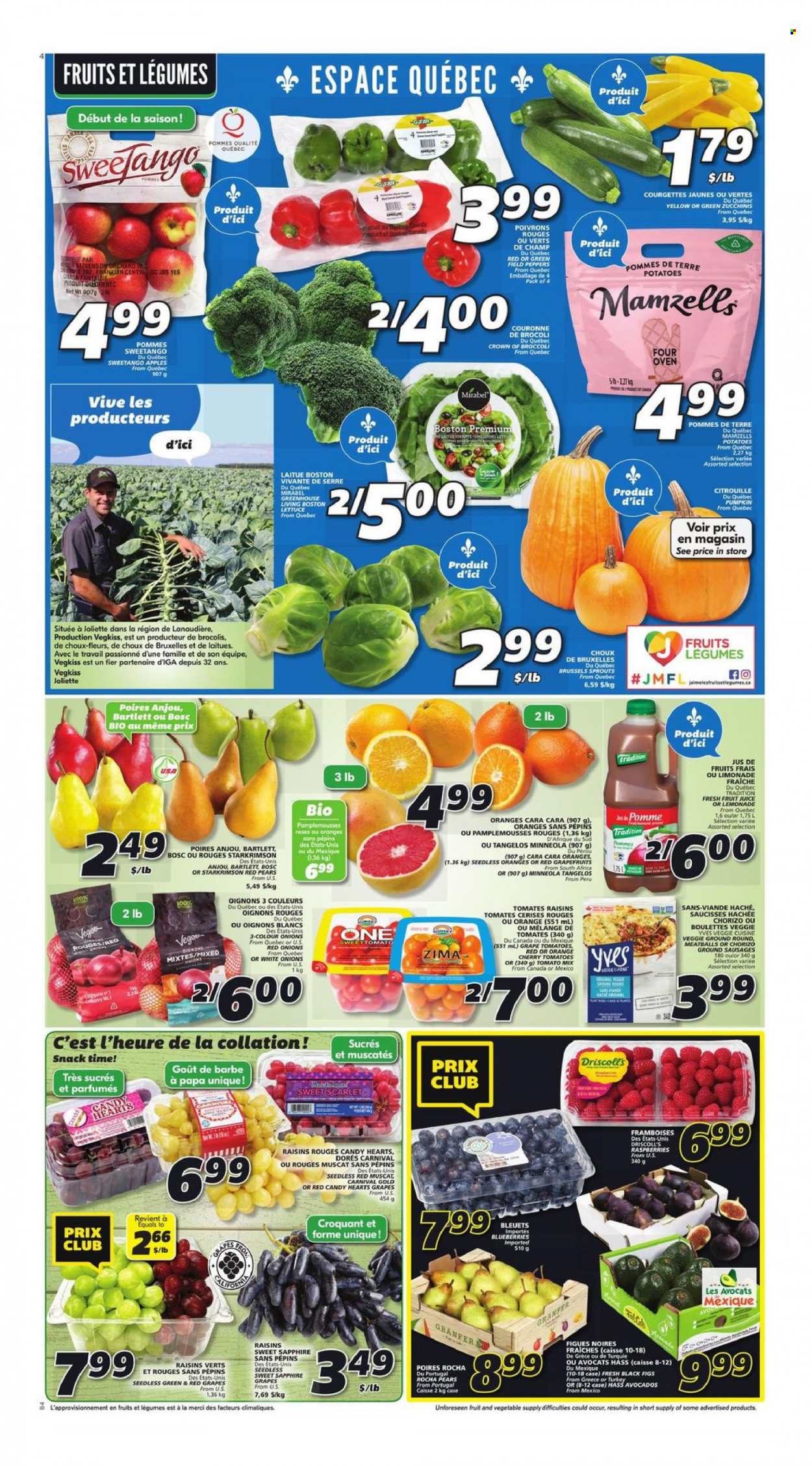 thumbnail - IGA Flyer - September 23, 2021 - September 29, 2021 - Sales products - broccoli, red onions, tomatoes, potatoes, pumpkin, onion, lettuce, peppers, brussel sprouts, apples, avocado, blueberries, figs, tangelos, cherries, pears, meatballs, sausage, snack, Merci, dried fruit, lemonade, juice, fruit juice, raisins, chorizo, oranges. Page 3.