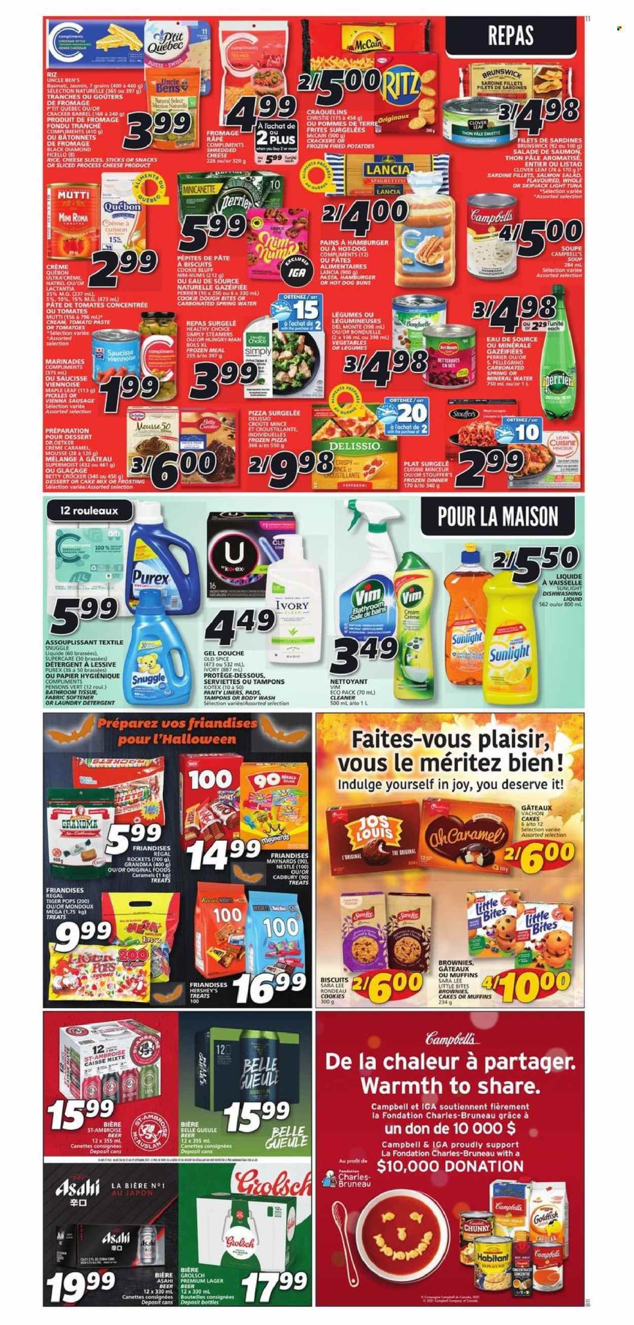thumbnail - IGA Flyer - September 23, 2021 - September 29, 2021 - Sales products - buns, Sara Lee, cake mix, potatoes, salmon, sardines, tuna, Campbell's, pizza, soup, Healthy Choice, sausage, vienna sausage, shredded cheese, sliced cheese, Dr. Oetker, Clover, Hershey's, McCain, cookie dough, cookies, crackers, biscuit, Cadbury, Little Bites, Goldfish, frosting, tomato paste, pickles, light tuna, Uncle Ben's, basmati rice, spice, caramel, Perrier, mineral water, spring water, San Pellegrino, beer, Grolsch, Lager, IPA, Nestlé, Old Spice. Page 10.