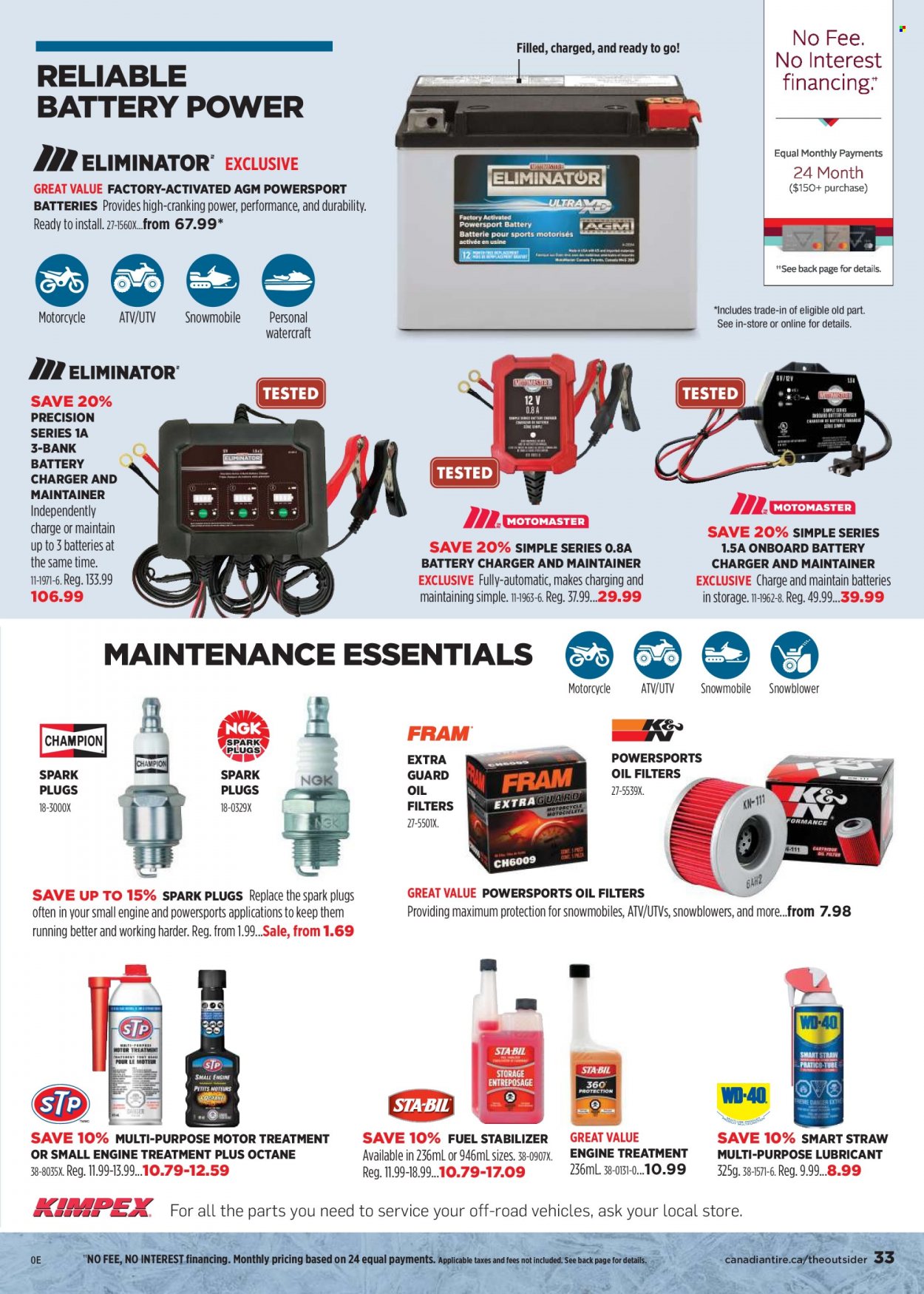thumbnail - Canadian Tire Flyer - September 03, 2021 - September 30, 2021 - Sales products - straw, battery charger, motorcycle, snow blower, lubricant, spark plugs, oil filter, fuel stabilizer. Page 33.