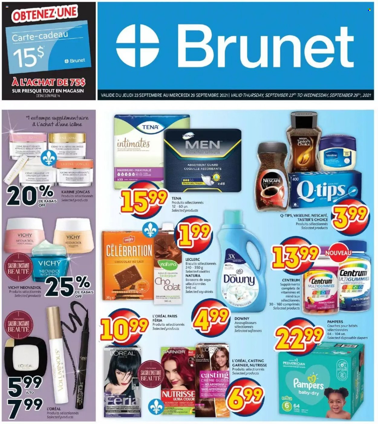 thumbnail - Brunet Flyer - September 23, 2021 - September 29, 2021 - Sales products - nappies, Vichy, Vaseline, L’Oréal, Centrum, Garnier, Pampers, Nescafé. Page 1.