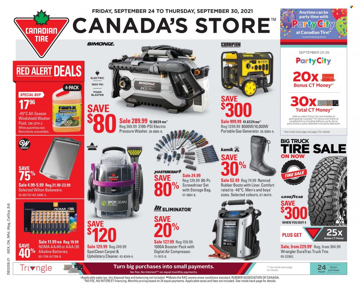 thumbnail - Canadian Tire Flyer - September 24, 2021 - September 30, 2021 - Sales products - cleaner, storage bag, tableware, bakeware, eraser, balloons, battery, boots, screwdriver, screwdriver set, air compressor, rubber boots, electric pressure washer, gas generator, generator, washer fluid. Page 1.