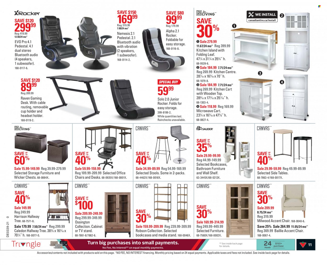 thumbnail - Canadian Tire Flyer - September 24, 2021 - September 30, 2021 - Sales products - cup, microwave, cabinet, kitchen cart, table, chair, accent chair, TV stand, wall shelf, office chair, cart. Page 11.