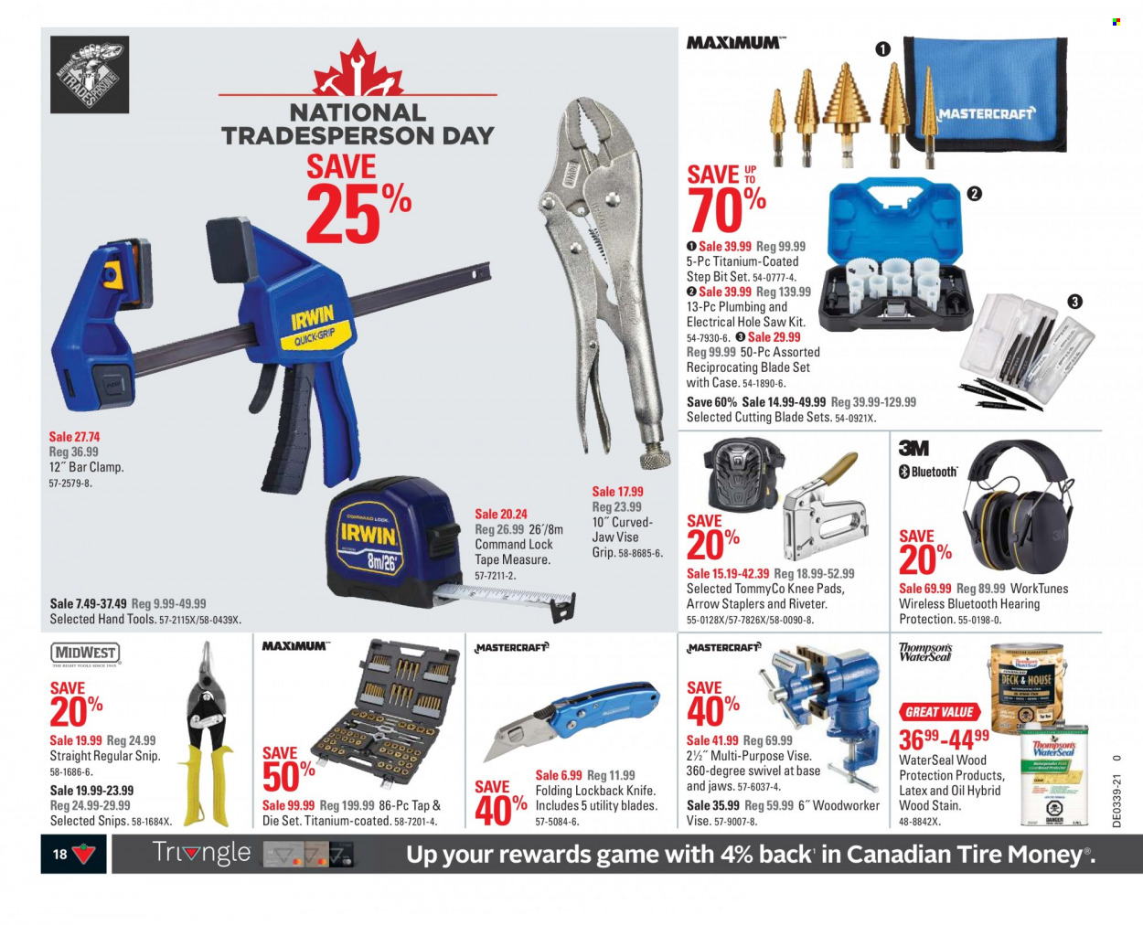 thumbnail - Canadian Tire Flyer - September 24, 2021 - September 30, 2021 - Sales products - knife, knee pads, snips, hand tools, measuring tape, hearing protection. Page 18.
