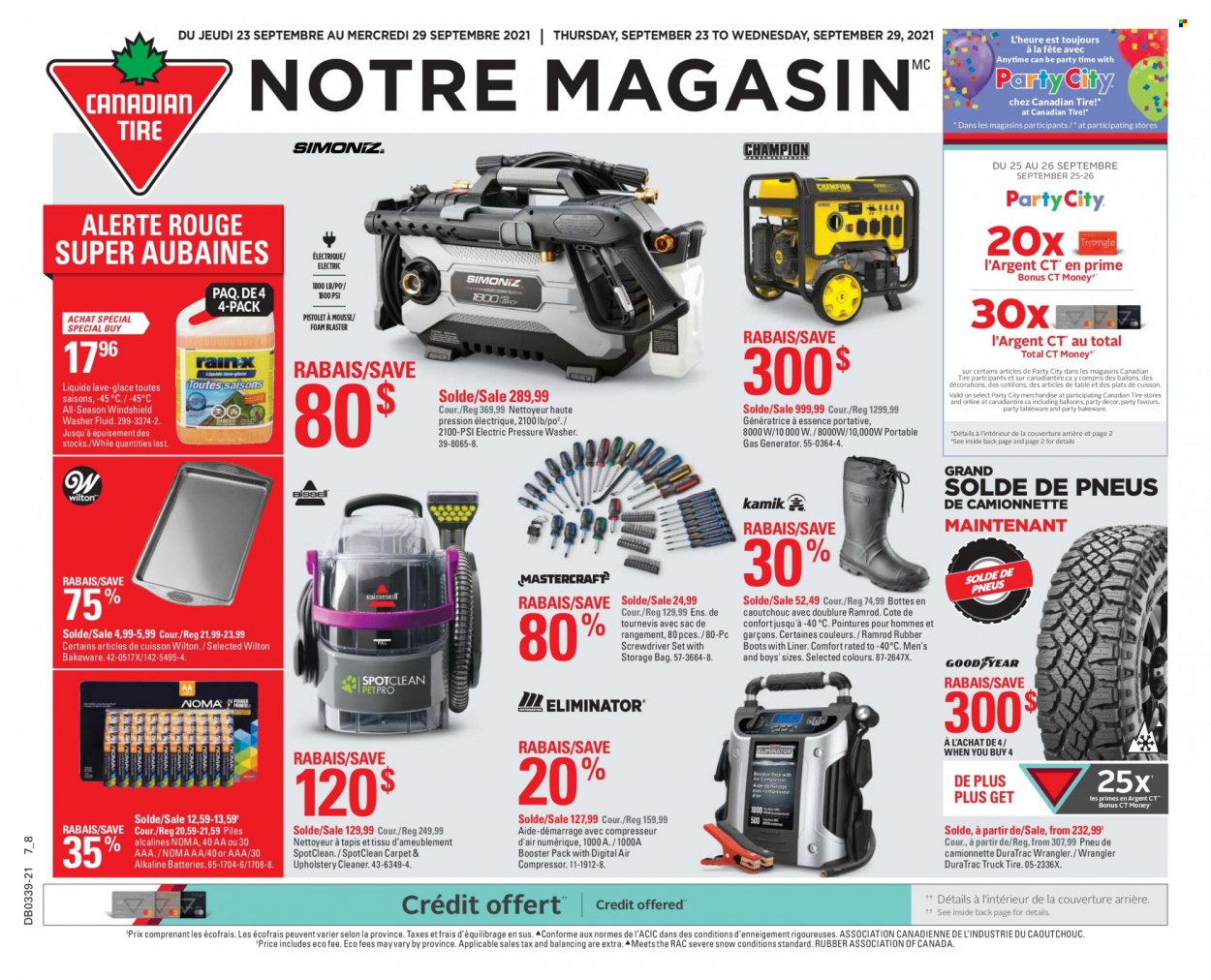 thumbnail - Canadian Tire Flyer - September 23, 2021 - September 29, 2021 - Sales products - cleaner, storage bag, tableware, bakeware, eraser, balloons, alkaline batteries, table, boots, Plus Plus, screwdriver, screwdriver set, air compressor, rubber boots, electric pressure washer, gas generator, generator, washer fluid. Page 1.