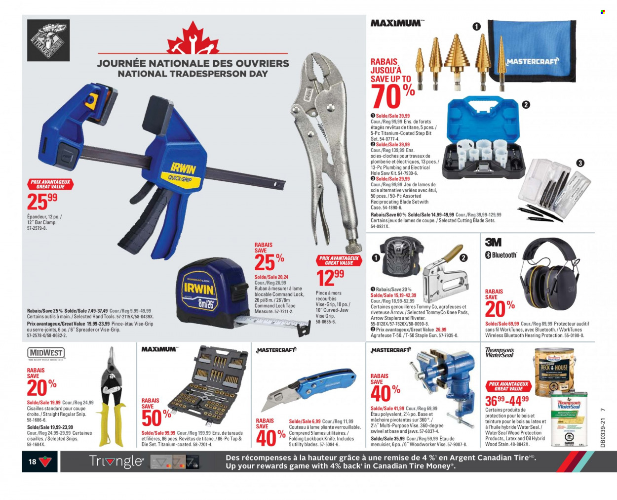 thumbnail - Canadian Tire Flyer - September 23, 2021 - September 29, 2021 - Sales products - knife, knee pads, gun, spreader, snips, hand tools, measuring tape, hearing protection. Page 18.