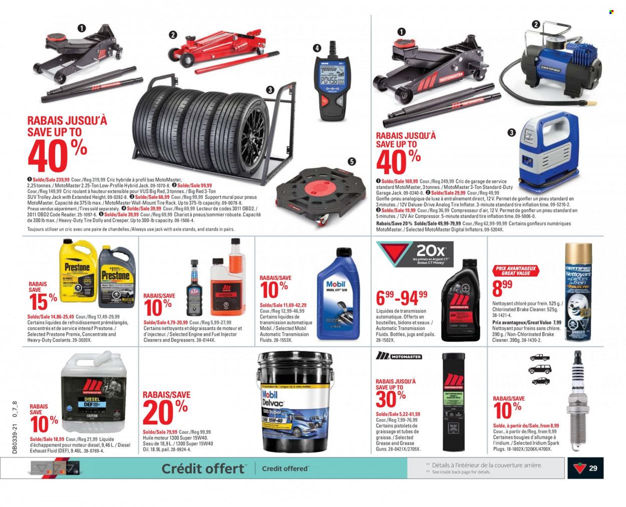 thumbnail - Canadian Tire Flyer - September 23, 2021 - September 29, 2021 - Sales products - cleaner, trolley, inflator, air compressor, spark plugs, tire inflator, brake cleaner, Mobil, Prestone, exhaust fluid, tires. Page 29.