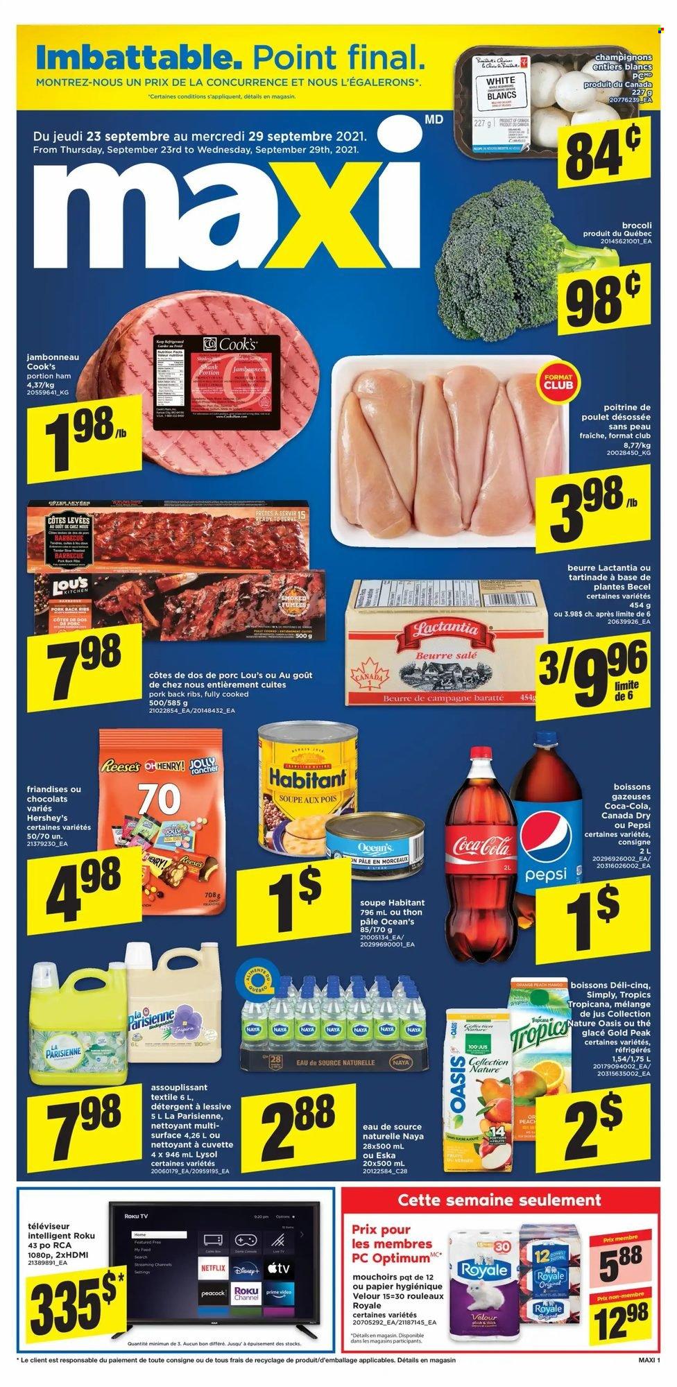 Maxi & Cie Flyer - September 23, 2021 - September 29, 2021 - Sales products - ham, Cook's, Reese's, Hershey's, Canada Dry, Coca-Cola, Pepsi, pork meat, pork ribs, pork back ribs, Lizol, detergent. Page 1.