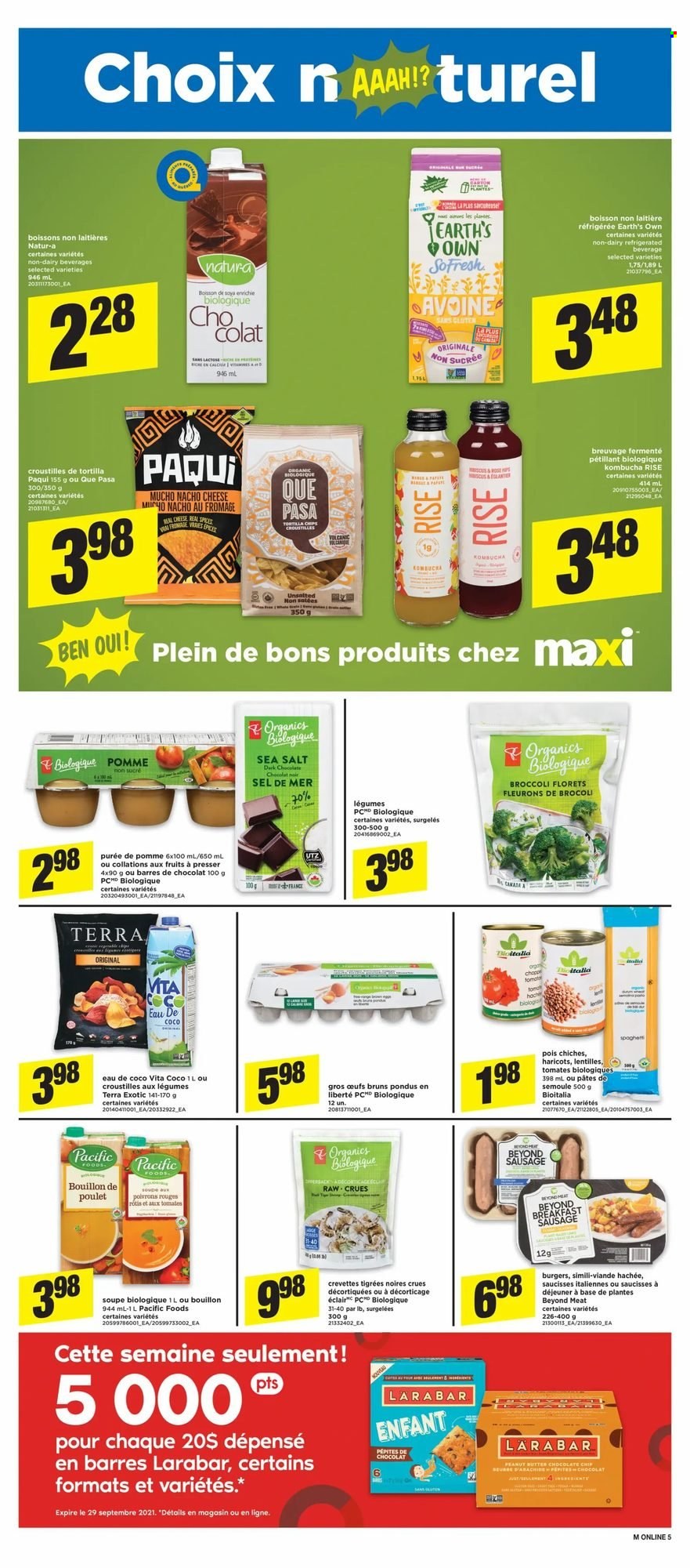 thumbnail - Maxi & Cie Flyer - September 23, 2021 - September 29, 2021 - Sales products - tortillas, broccoli, hamburger, cheese, dark chocolate, bouillon, peanut butter, kombucha, chips. Page 10.