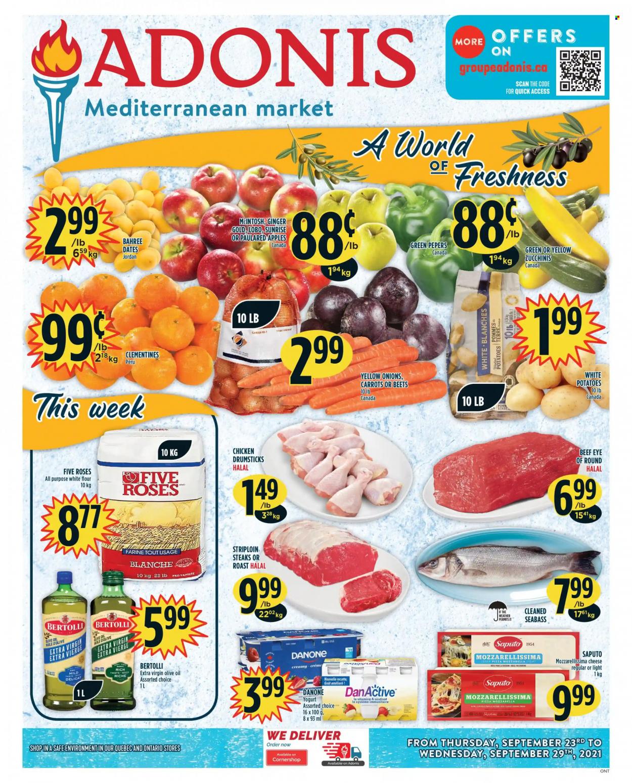 thumbnail - Adonis Flyer - September 23, 2021 - September 29, 2021 - Sales products - carrots, ginger, potatoes, apples, clementines, sea bass, pizza, Bertolli, yoghurt, flour, extra virgin olive oil, olive oil, oil, chicken drumsticks, chicken, beef meat, eye of round, striploin steak, Danone, steak. Page 1.