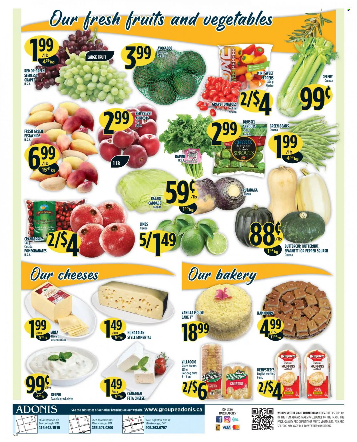 thumbnail - Adonis Flyer - September 23, 2021 - September 29, 2021 - Sales products - english muffins, cake, buns, beans, butternut squash, cabbage, celery, green beans, sweet peppers, tomatoes, peppers, brussel sprouts, avocado, limes, seedless grapes, apricots, pomegranate, seafood, spaghetti, tzatziki, Havarti, cheese, feta, Arla, cranberries, Classico, pistachios, mouse, rutabaga. Page 4.