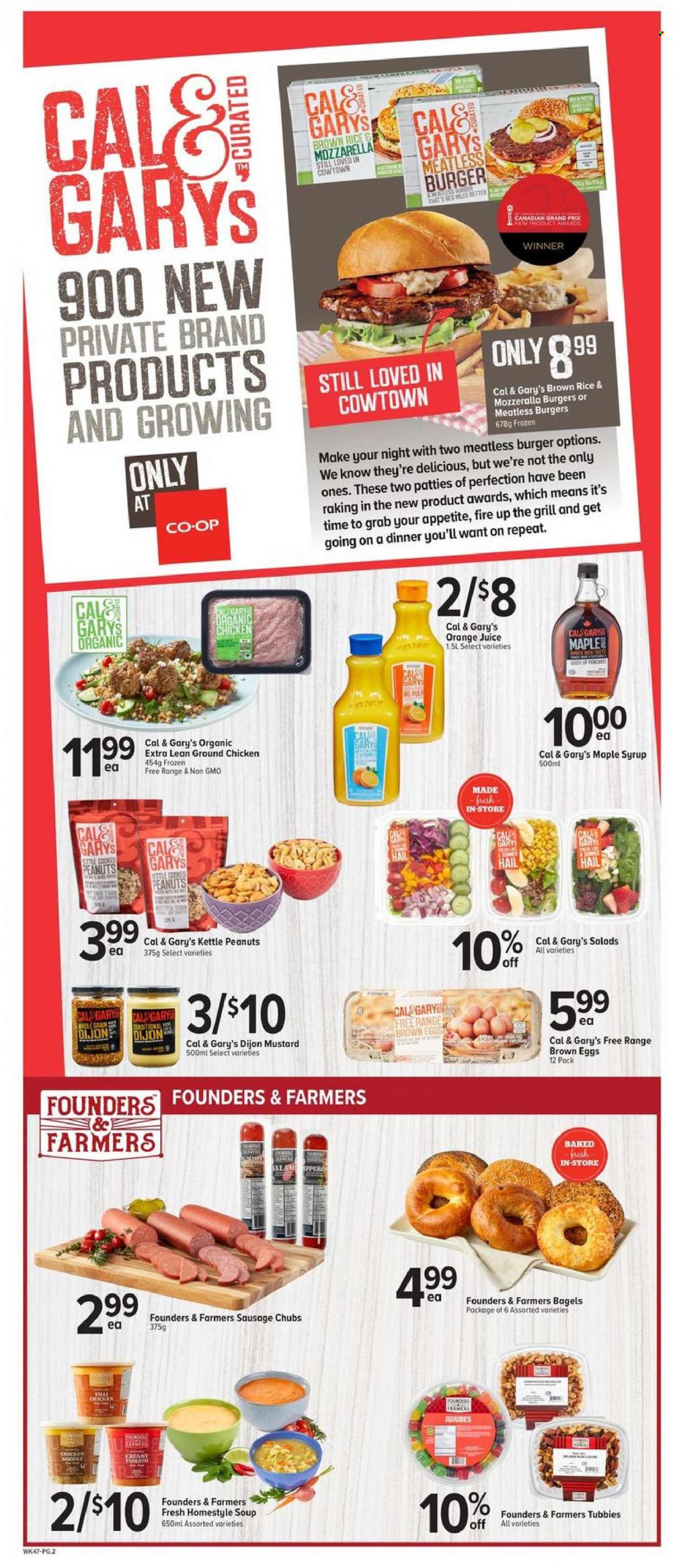 thumbnail - Calgary Co-op Flyer - September 23, 2021 - September 29, 2021 - Sales products - bagels, soup, hamburger, sausage, eggs, brown rice, rice, mustard, maple syrup, syrup, peanuts, orange juice, juice, ground chicken, chicken, mozzarella. Page 2.