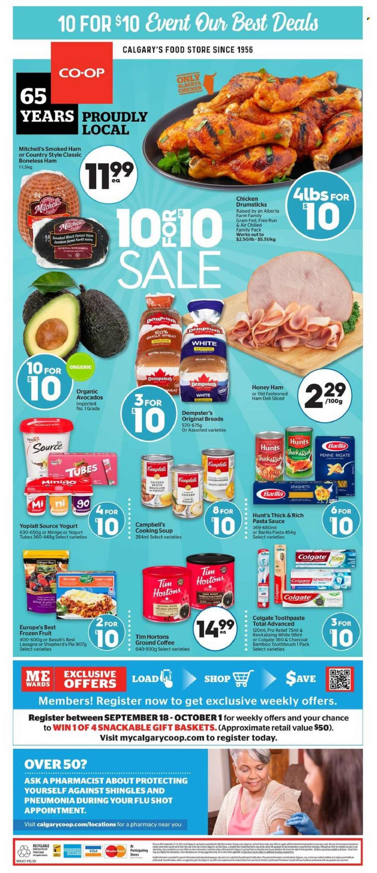 thumbnail - Calgary Co-op Flyer - September 23, 2021 - September 29, 2021 - Sales products - pie, avocado, Campbell's, spaghetti, pasta sauce, soup, sauce, Barilla, lasagna meal, ham, smoked ham, yoghurt, Yoplait, bouillon, broth, penne, coffee, ground coffee, chicken drumsticks, chicken, toothbrush, toothpaste, Colgate. Page 10.