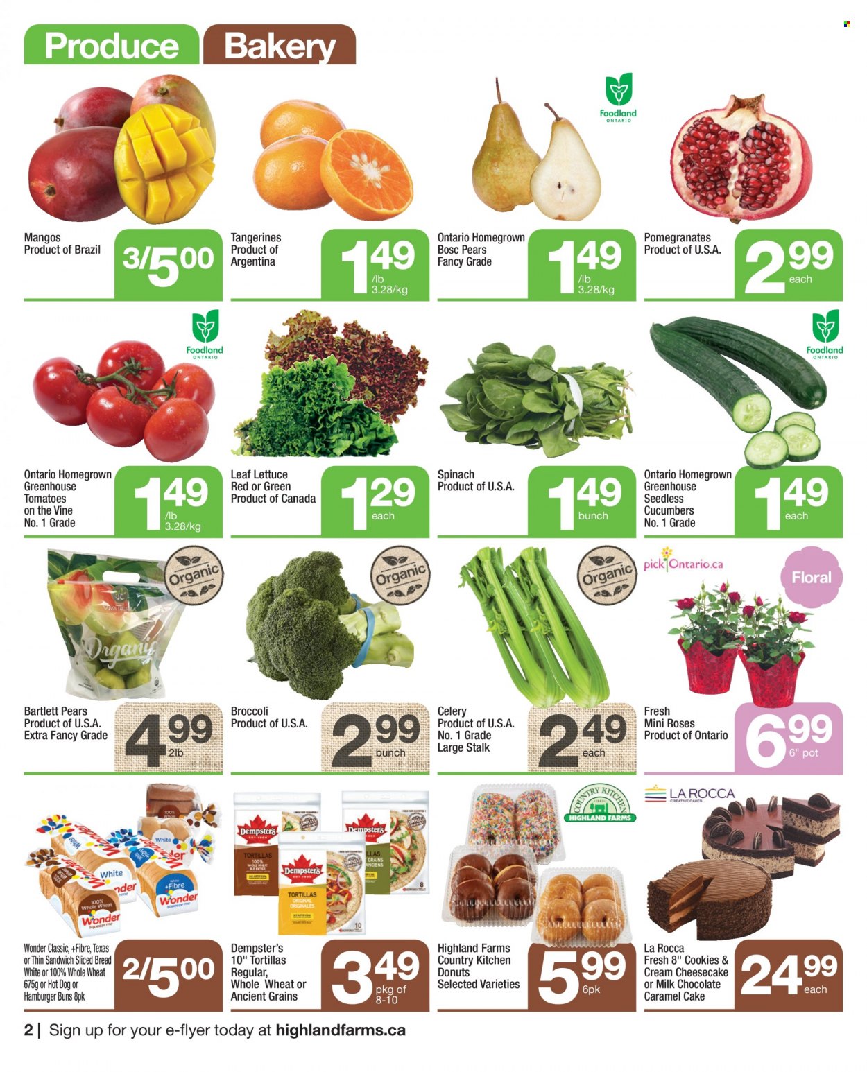thumbnail - Highland Farms Flyer - September 23, 2021 - September 29, 2021 - Sales products - bread, tortillas, cake, buns, burger buns, cheesecake, donut, broccoli, celery, cucumber, lettuce, Bartlett pears, mango, tangerines, pears, pomegranate, hot dog, sandwich, cookies, milk chocolate, chocolate, caramel. Page 2.