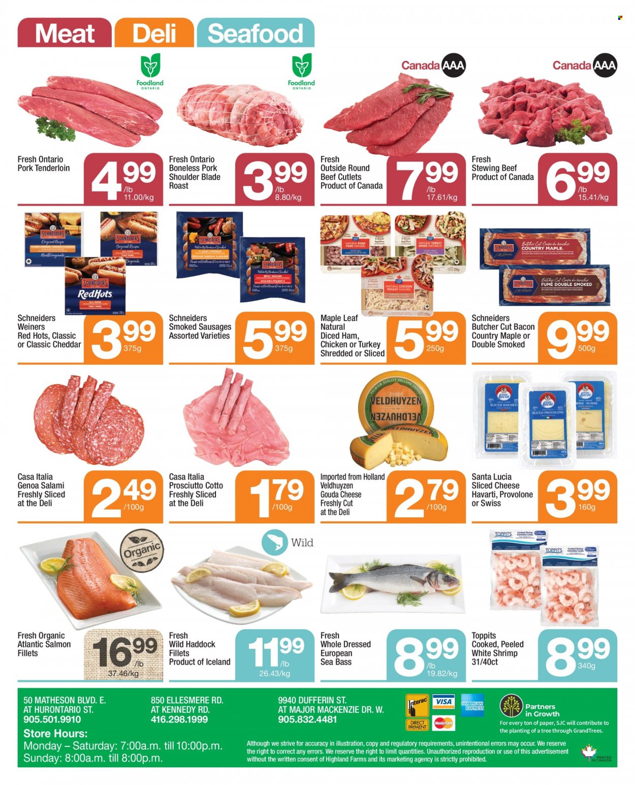 thumbnail - Highland Farms Flyer - September 23, 2021 - September 29, 2021 - Sales products - salmon, salmon fillet, sea bass, haddock, seafood, shrimps, bacon, salami, ham, prosciutto, sausage, gouda, sliced cheese, Havarti, cheddar, cheese, Provolone, Santa, beef meat, stewing beef, pork meat, pork shoulder, pork tenderloin. Page 4.