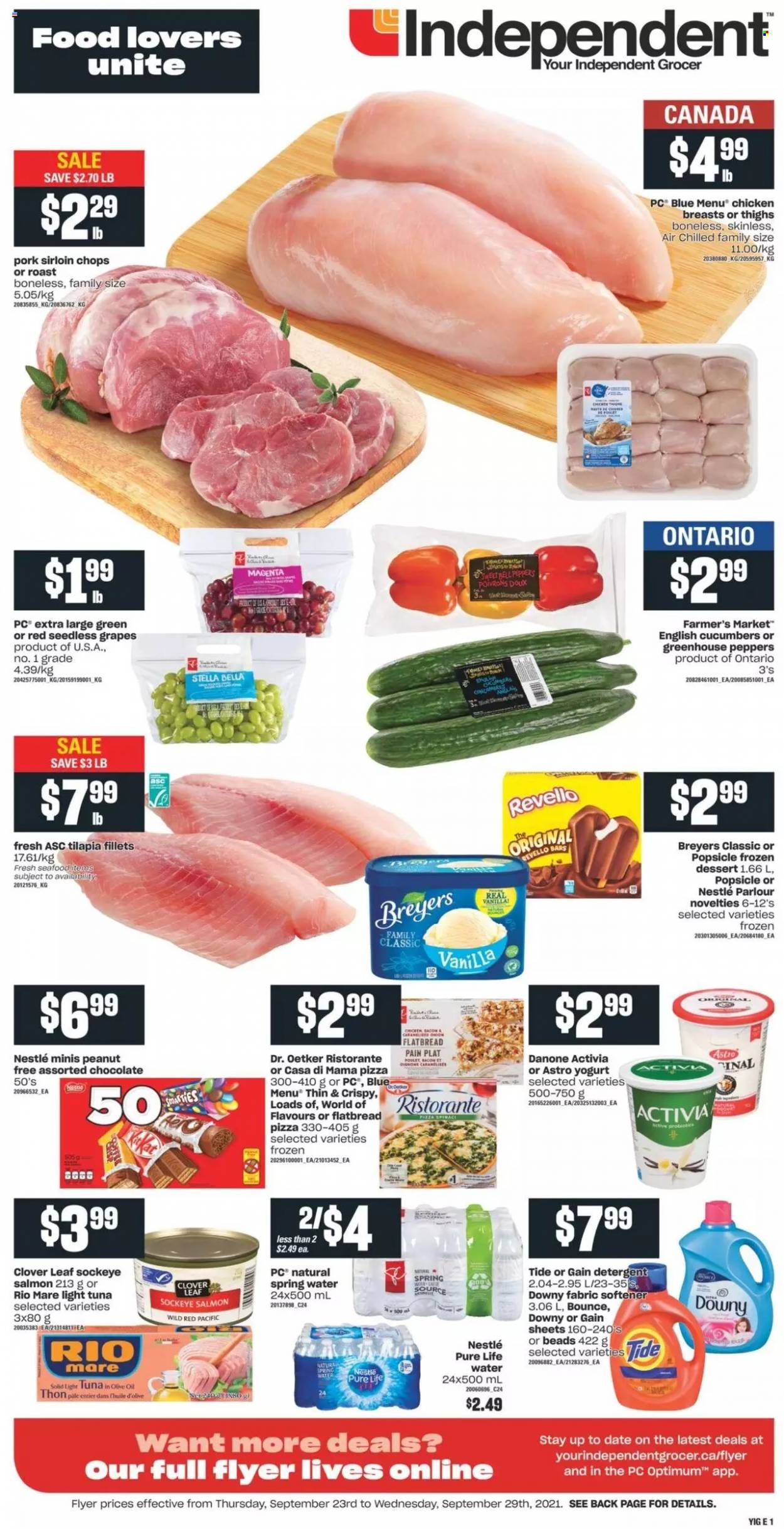 thumbnail - Independent Flyer - September 23, 2021 - September 29, 2021 - Sales products - flatbread, Bella, cucumber, peppers, grapes, seedless grapes, salmon, tilapia, tuna, seafood, pizza, Dr. Oetker, yoghurt, Clover, Activia, chocolate, light tuna, oil, spring water, Pure Life Water, chicken breasts, pork loin, Gain, Tide, fabric softener, Bounce, Downy Laundry, Optimum, probiotics, Danone, Nestlé, detergent. Page 1.